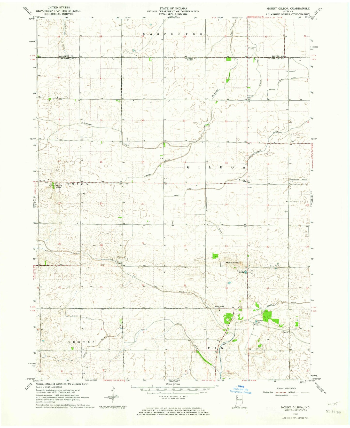 Classic USGS Mount Gilboa Indiana 7.5'x7.5' Topo Map Image