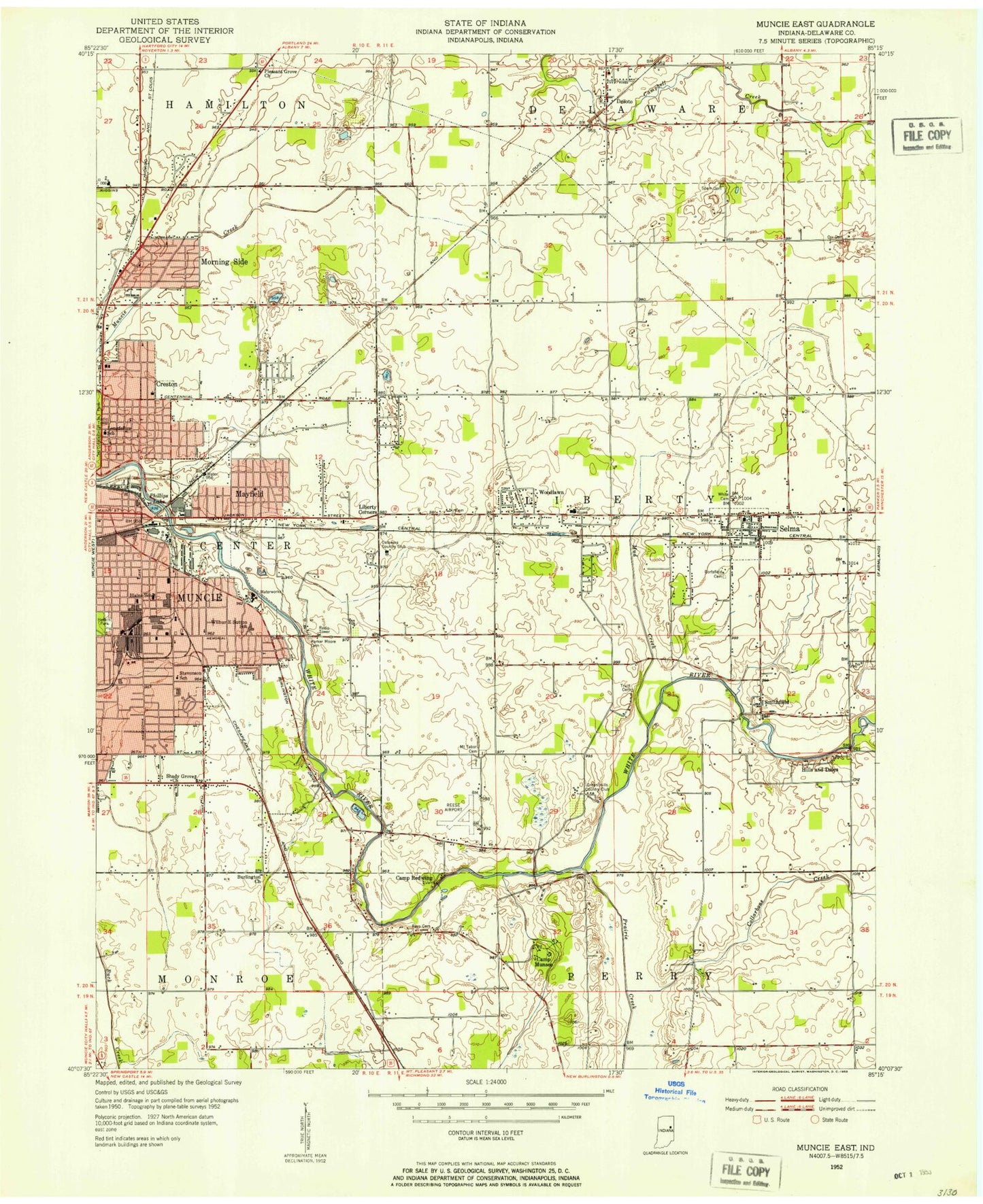 Classic USGS Muncie East Indiana 7.5'x7.5' Topo Map Image