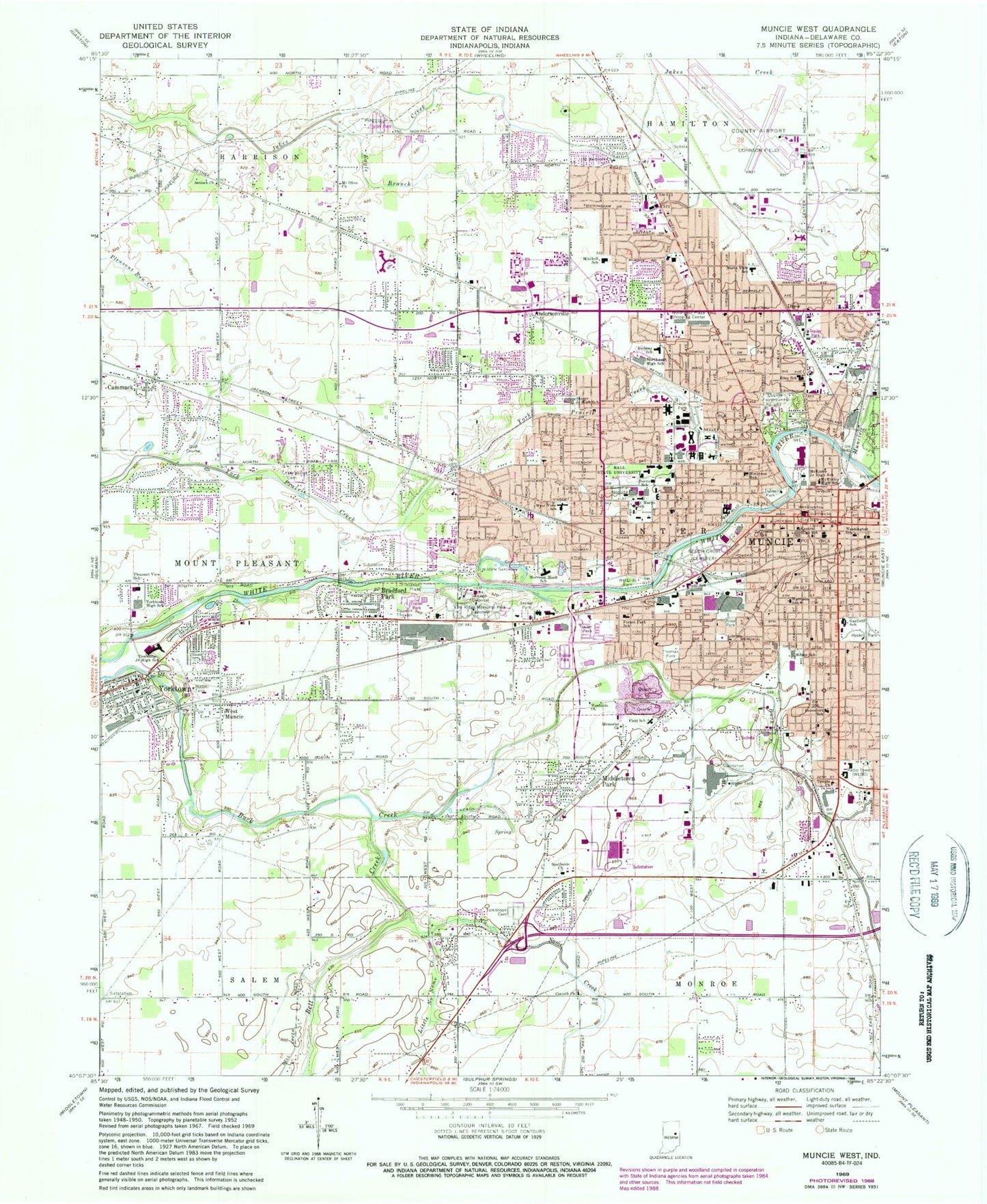 Classic USGS Muncie West Indiana 7.5'x7.5' Topo Map Image