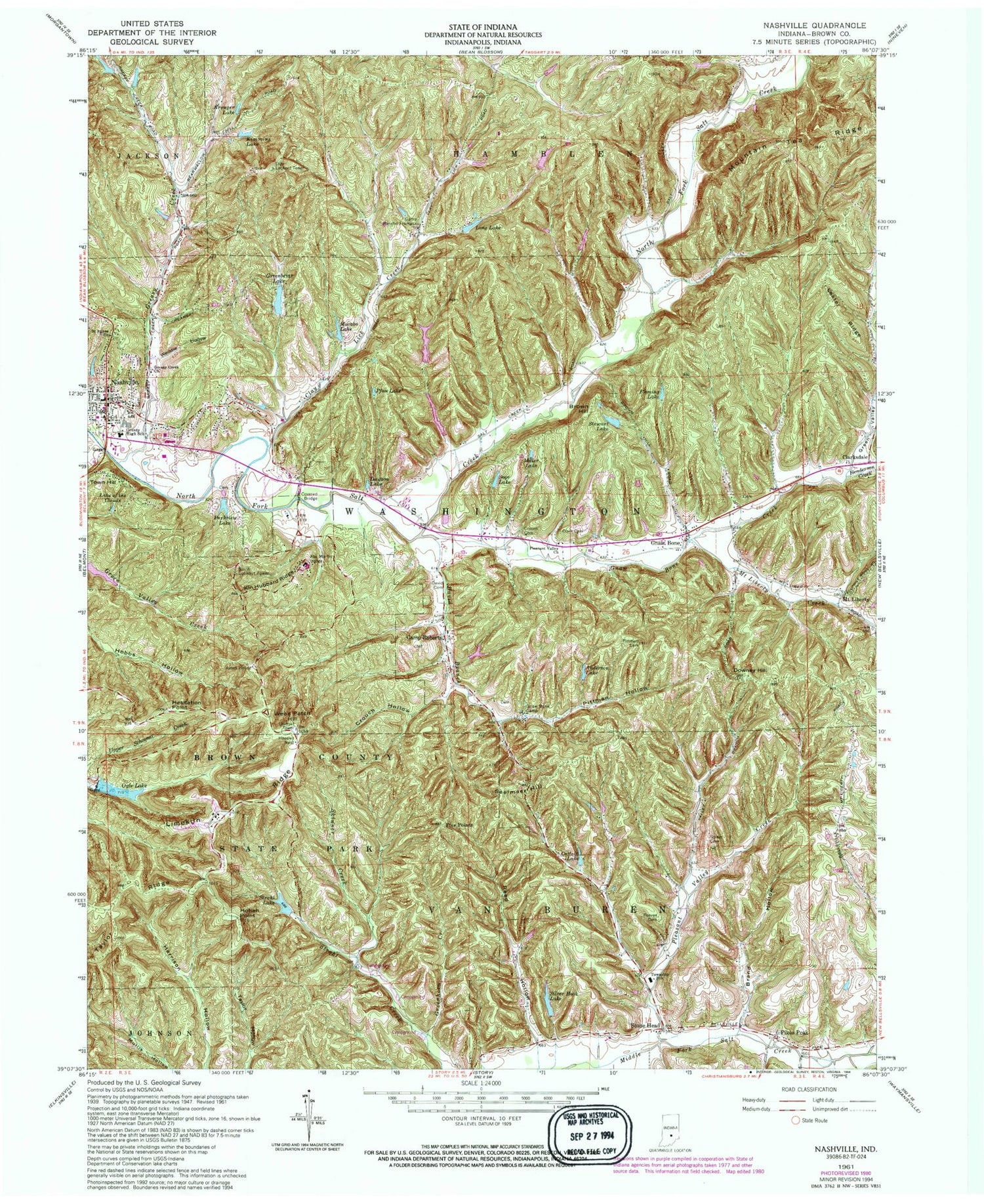 Classic USGS Nashville Indiana 7.5'x7.5' Topo Map Image