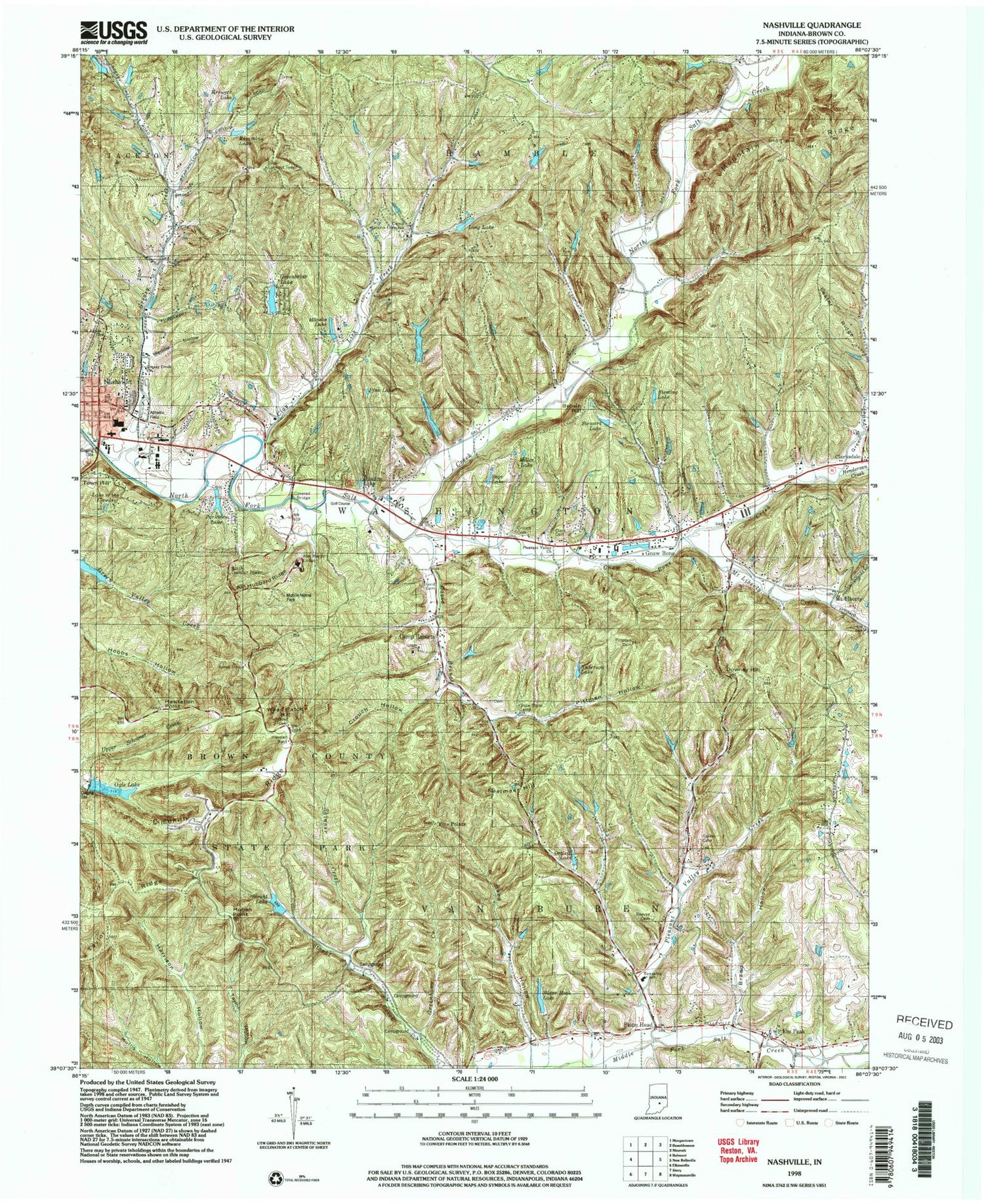 Classic USGS Nashville Indiana 7.5'x7.5' Topo Map Image