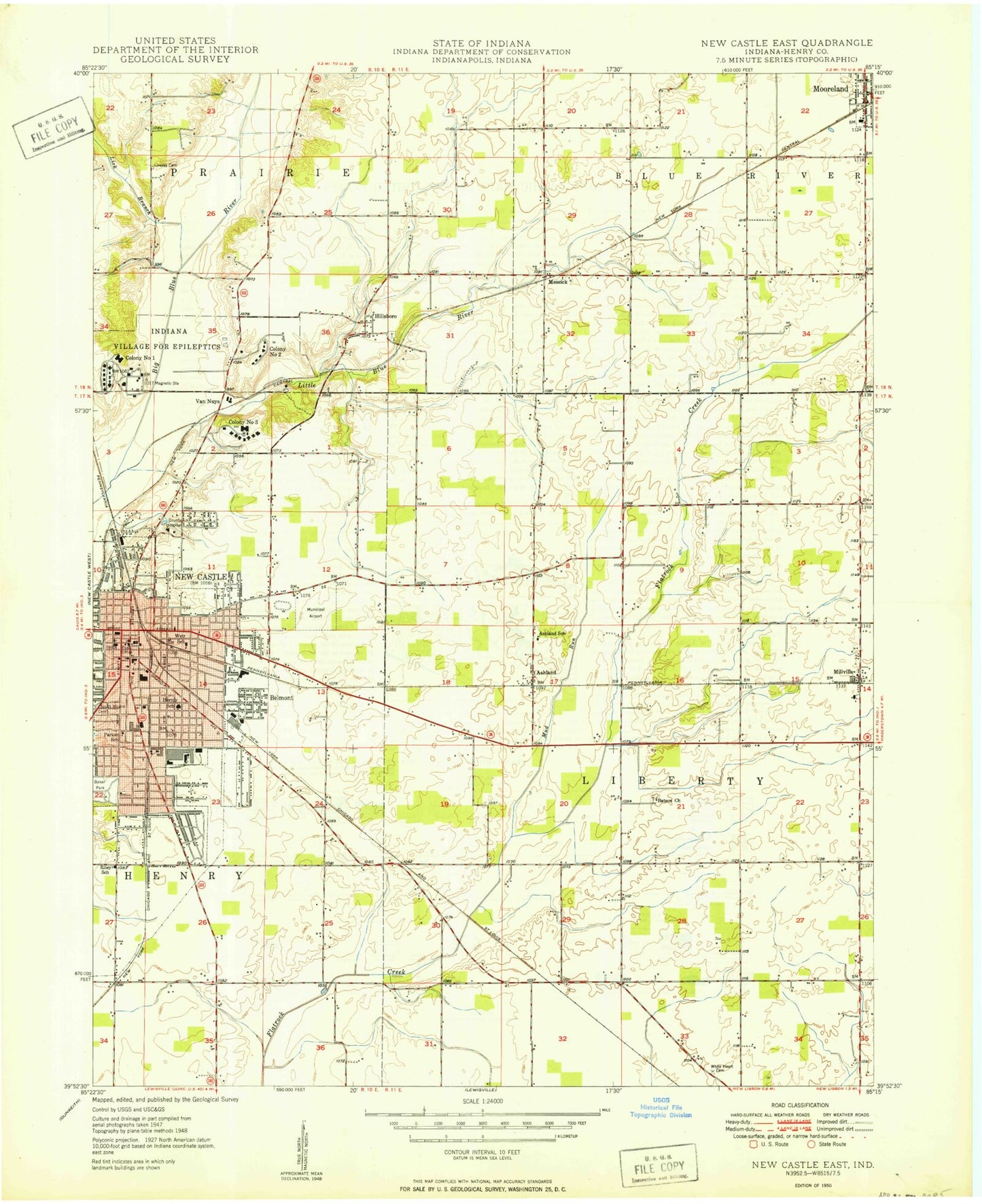 Classic USGS New Castle East Indiana 7.5'x7.5' Topo Map Image