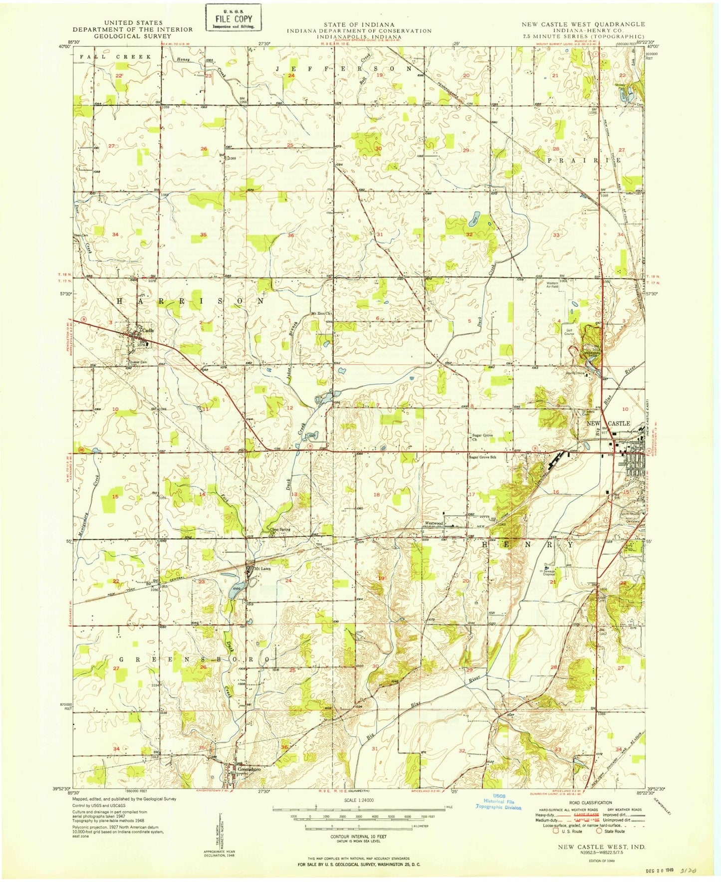 Classic USGS New Castle West Indiana 7.5'x7.5' Topo Map Image