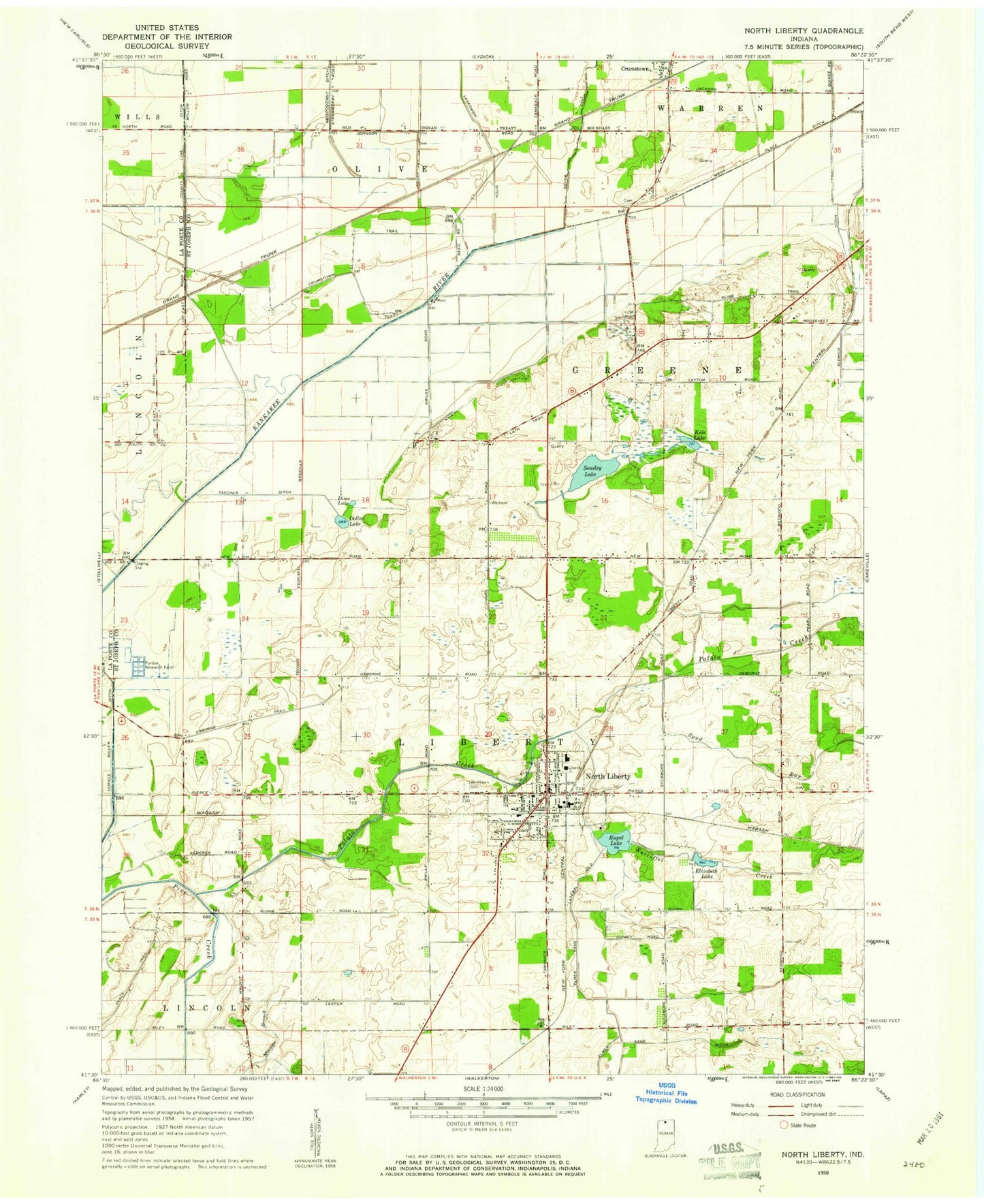 Classic USGS North Liberty Indiana 7.5'x7.5' Topo Map Image