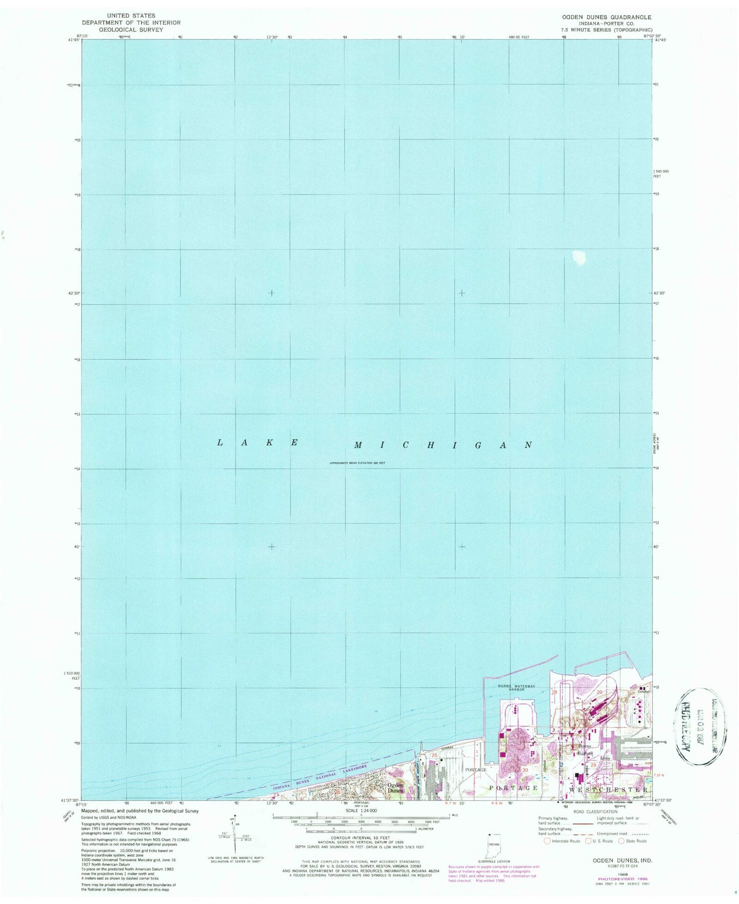 Classic USGS Ogden Dunes Indiana 7.5'x7.5' Topo Map Image