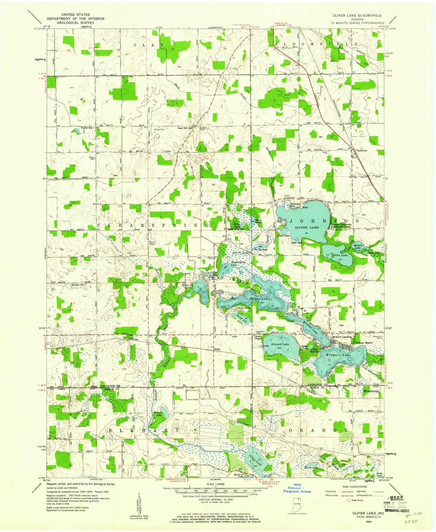 Classic USGS Oliver Lake Indiana 7.5'x7.5' Topo Map Image
