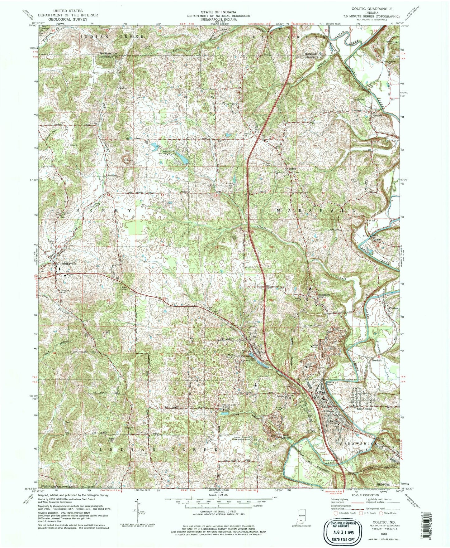 Classic USGS Oolitic Indiana 7.5'x7.5' Topo Map Image