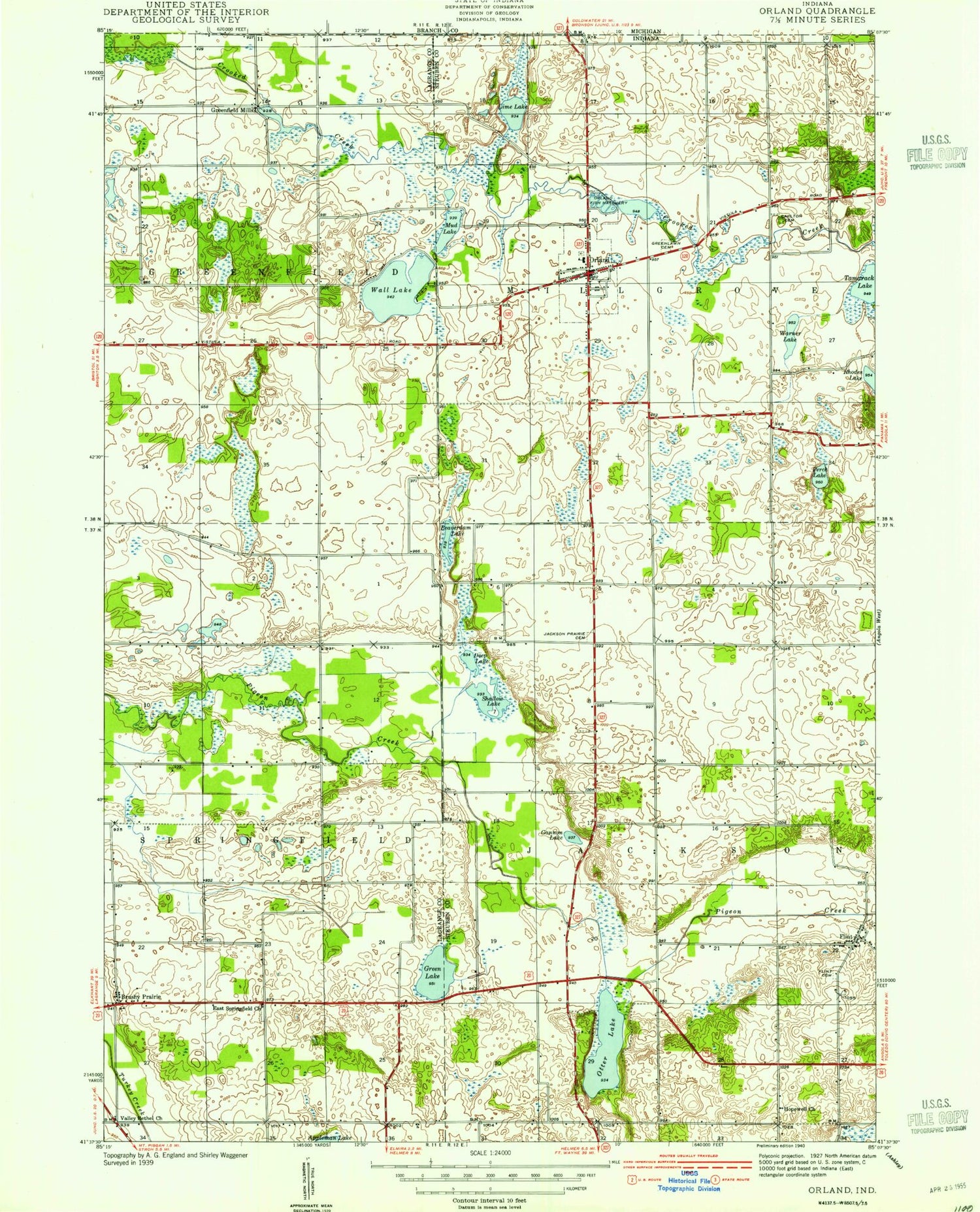 Classic USGS Orland Indiana 7.5'x7.5' Topo Map Image