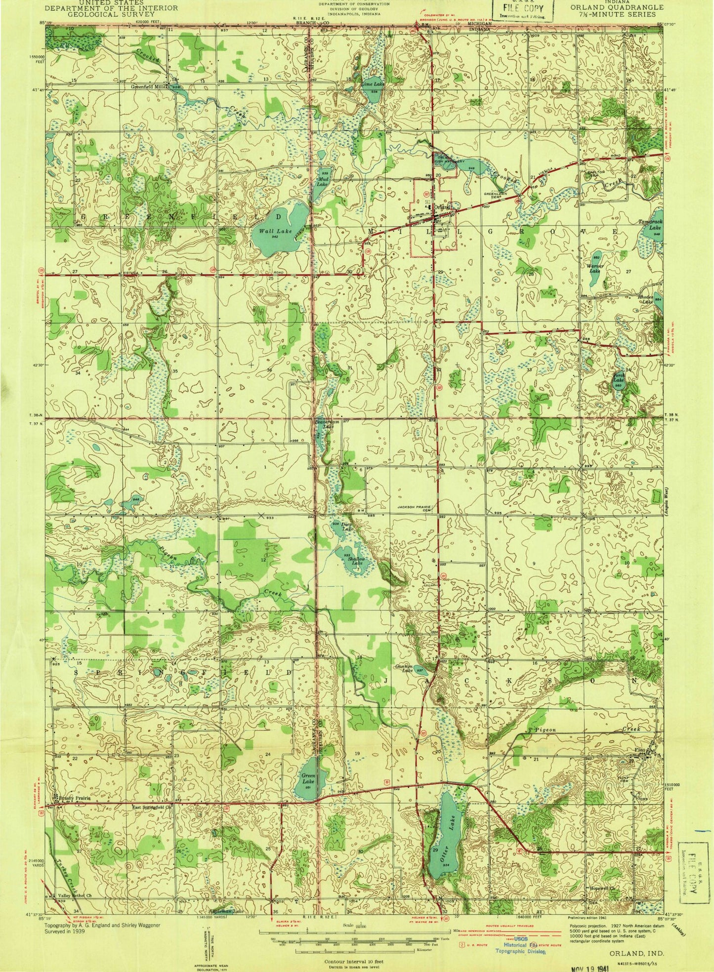 Classic USGS Orland Indiana 7.5'x7.5' Topo Map Image