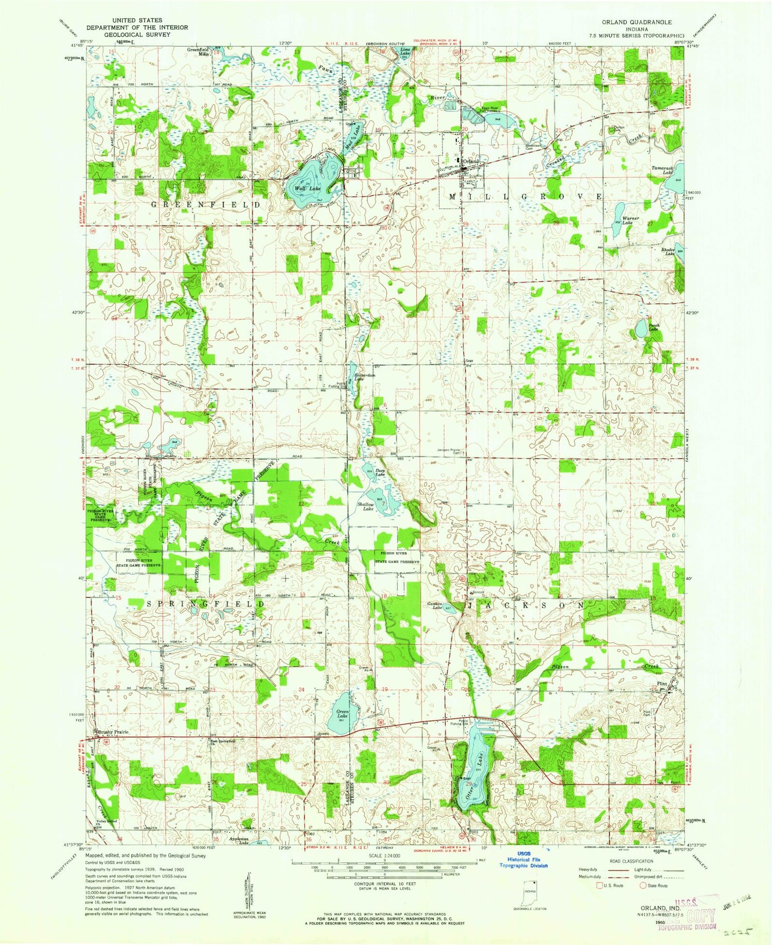Classic USGS Orland Indiana 7.5'x7.5' Topo Map Image