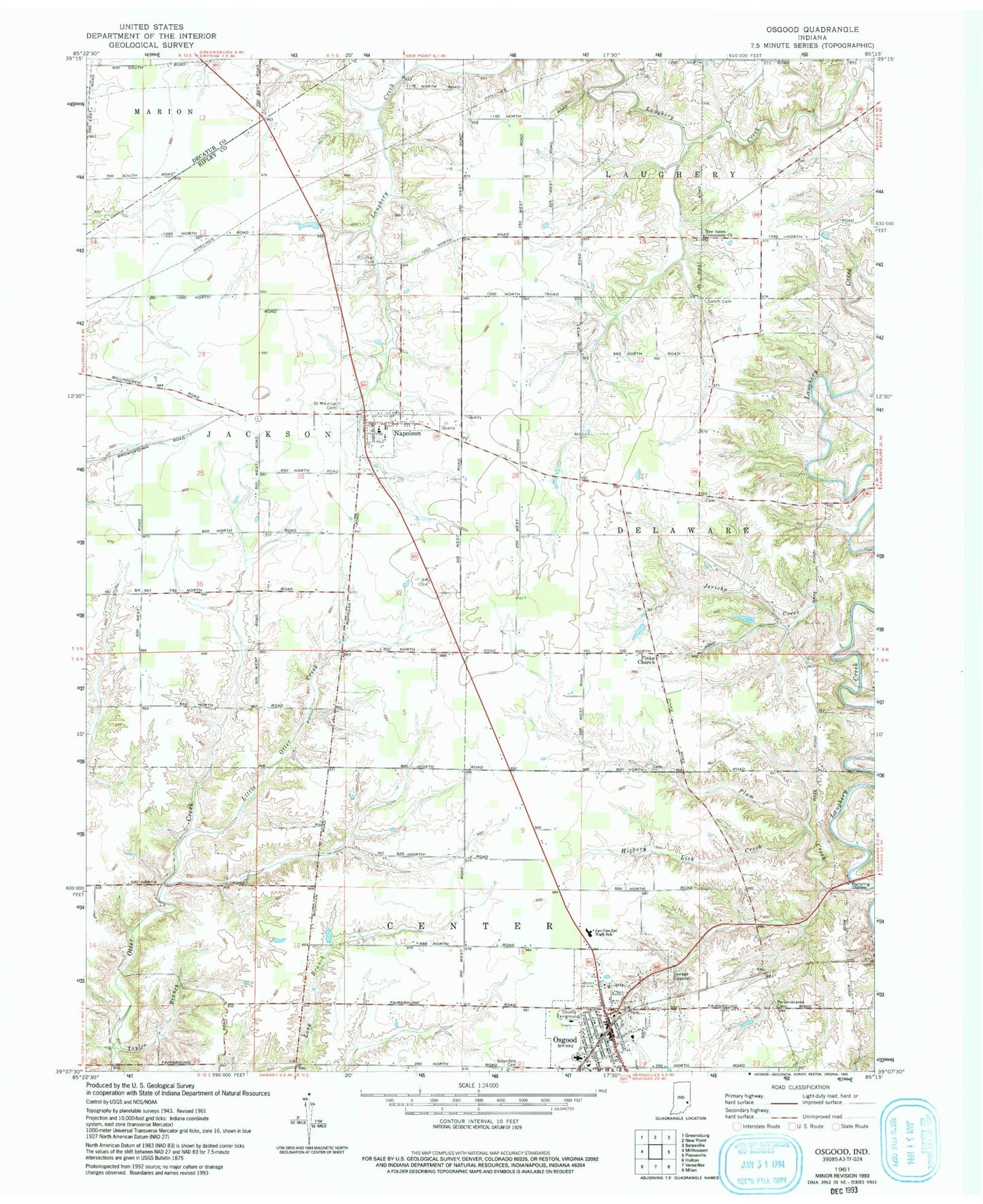 Classic USGS Osgood Indiana 7.5'x7.5' Topo Map Image