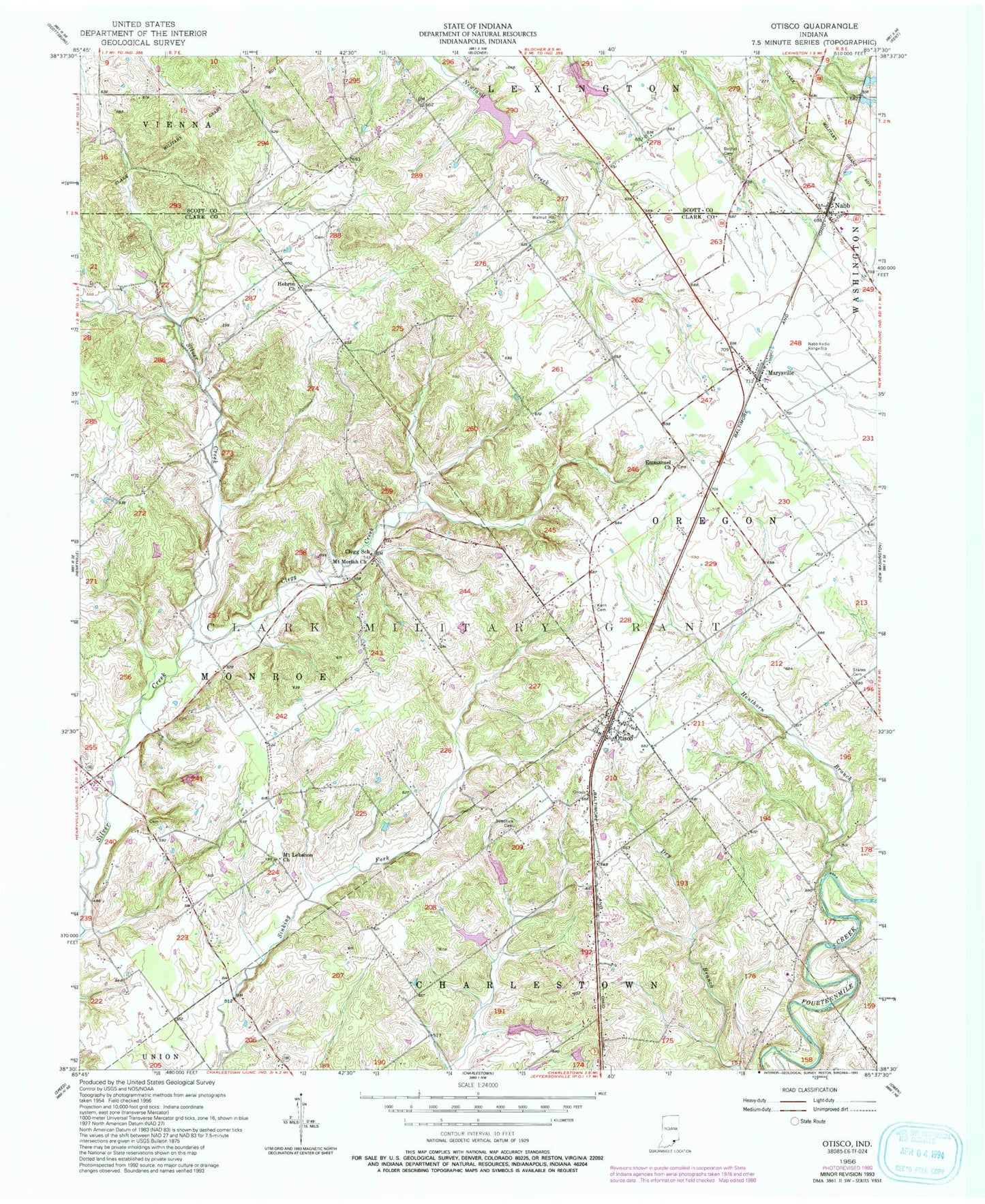 Classic USGS Otisco Indiana 7.5'x7.5' Topo Map Image