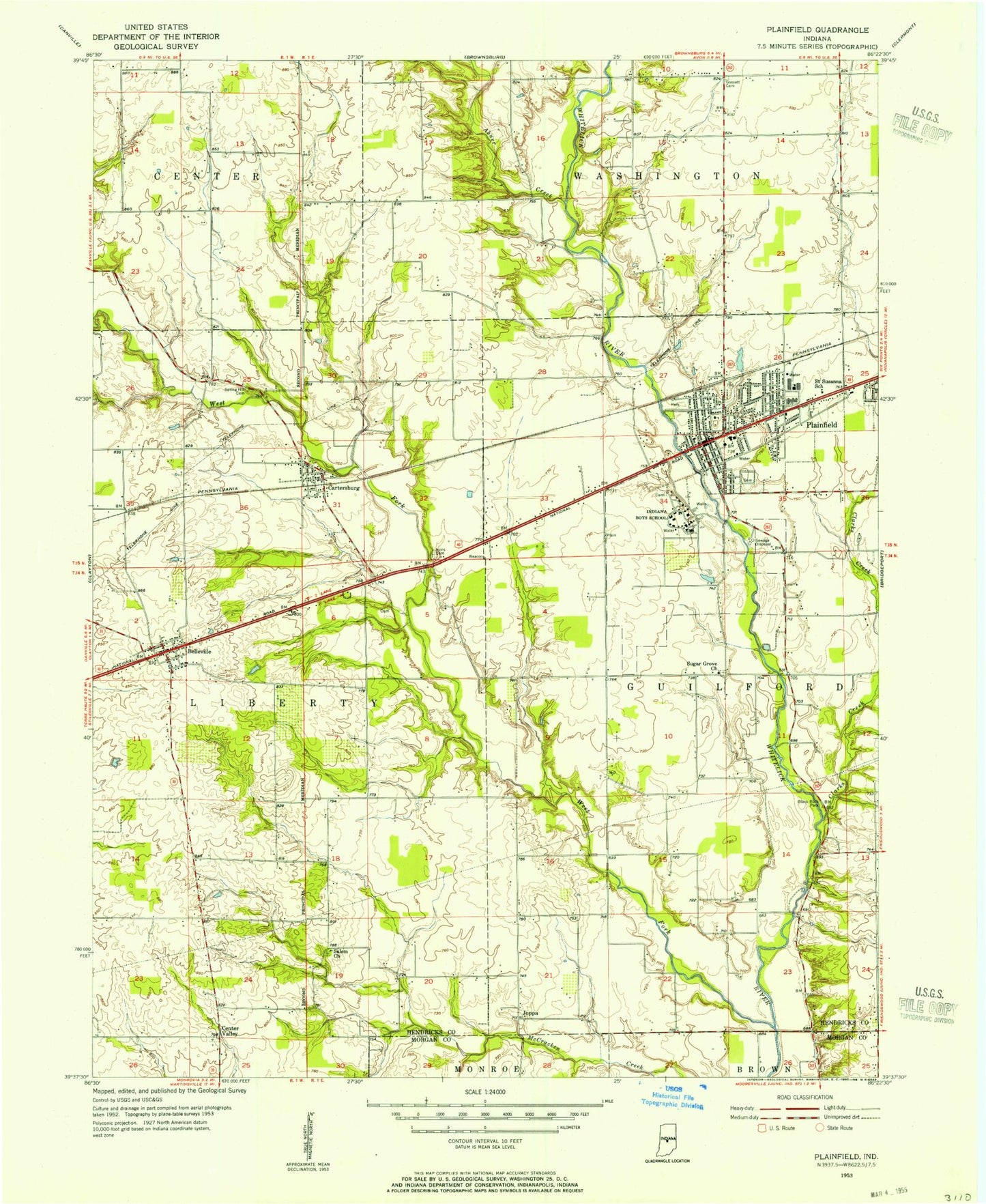 Classic USGS Plainfield Indiana 7.5'x7.5' Topo Map Image