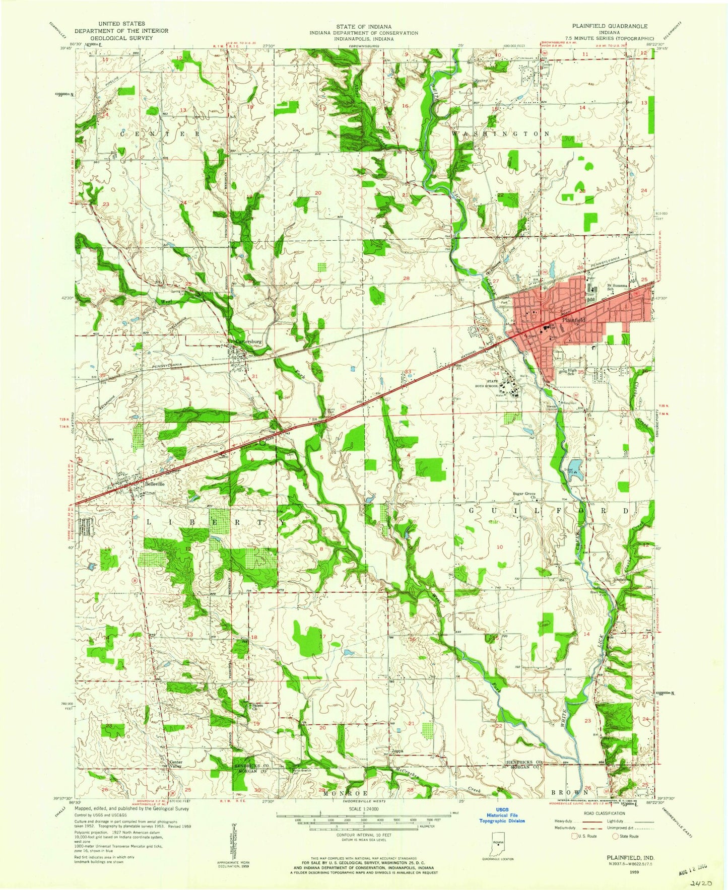 Classic USGS Plainfield Indiana 7.5'x7.5' Topo Map Image