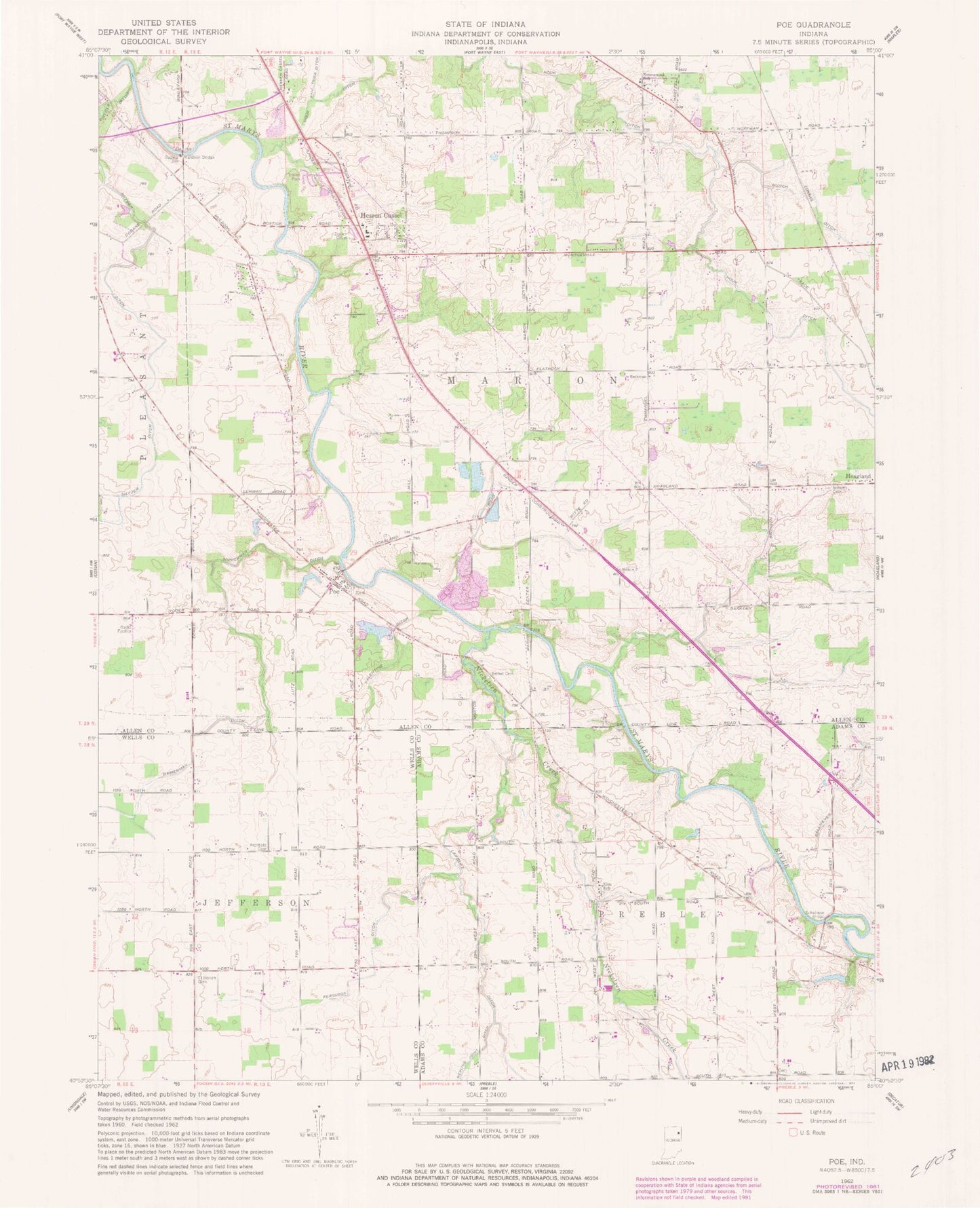 Classic USGS Poe Indiana 7.5'x7.5' Topo Map Image