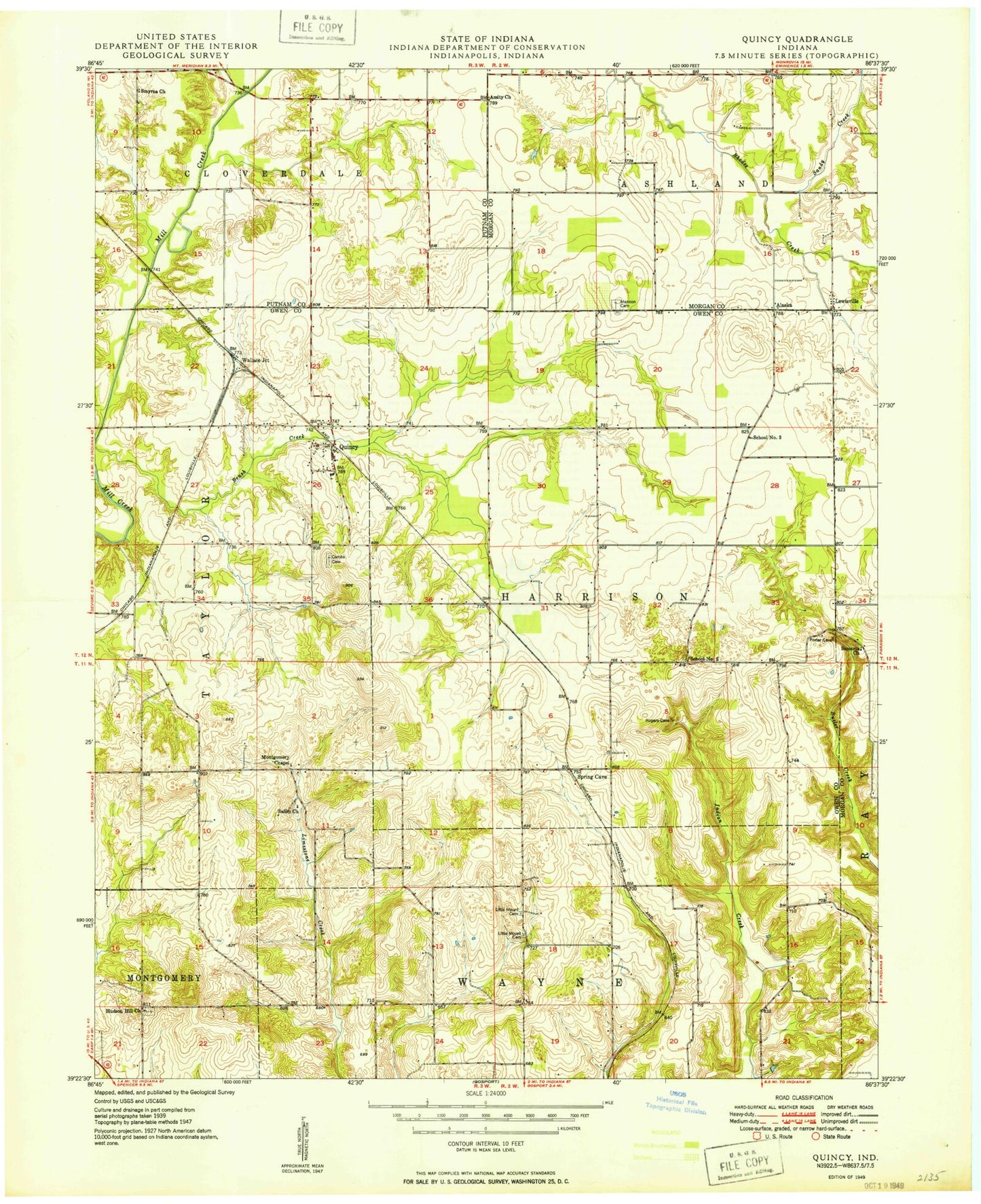 Classic USGS Quincy Indiana 7.5'x7.5' Topo Map Image