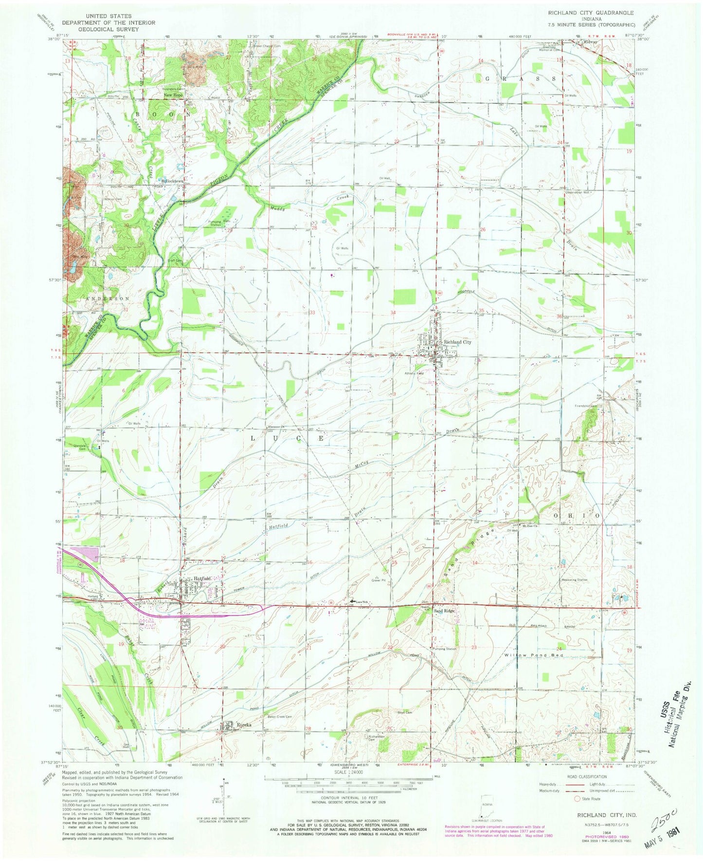 Classic USGS Richland City Indiana 7.5'x7.5' Topo Map Image