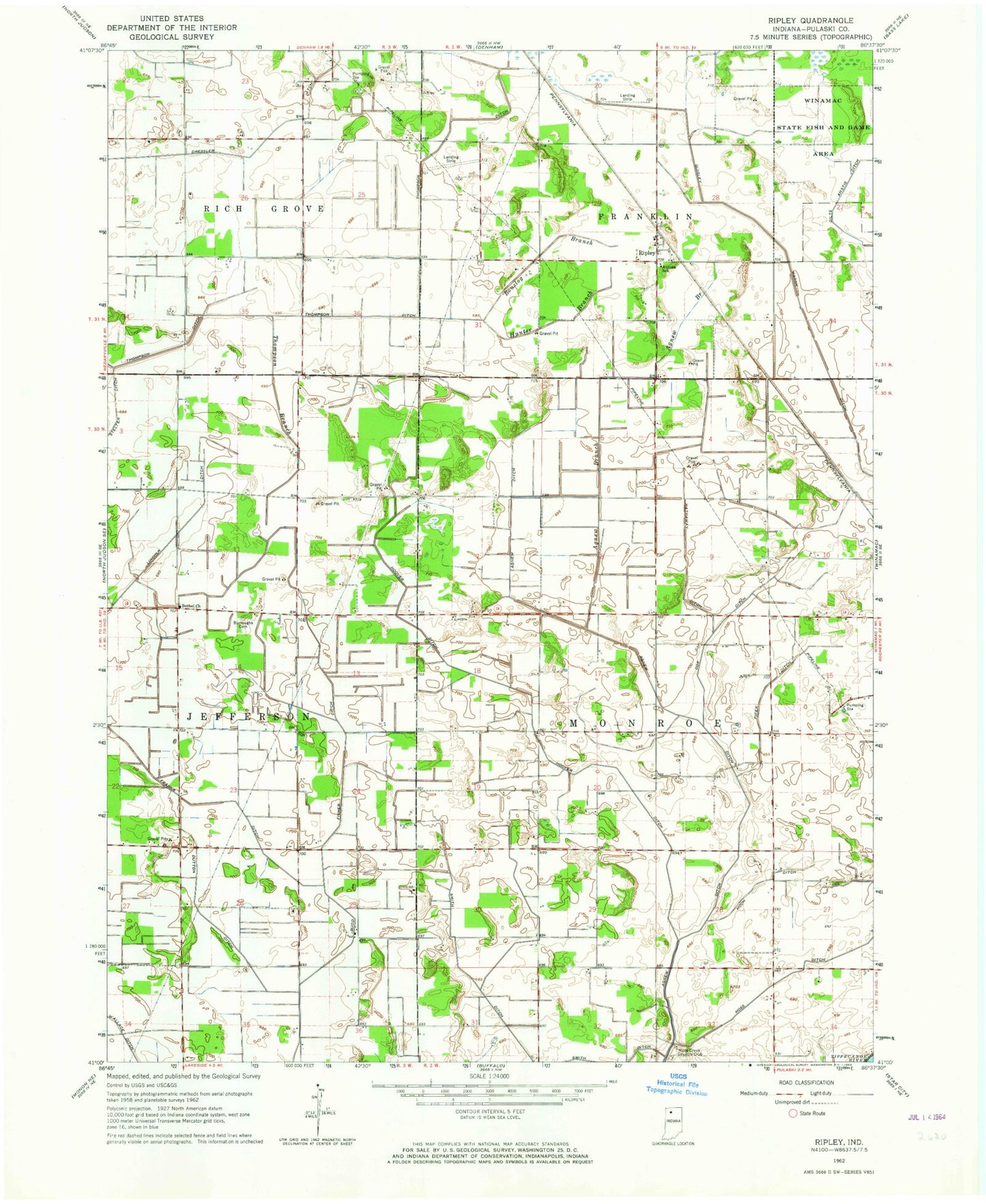 Classic USGS Ripley Indiana 7.5'x7.5' Topo Map Image