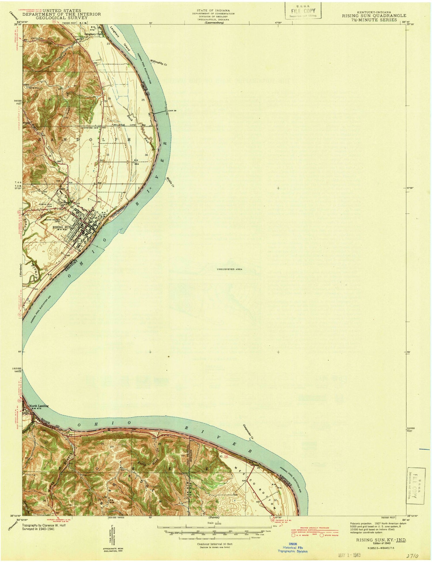 Classic USGS Rising Sun Indiana 7.5'x7.5' Topo Map Image