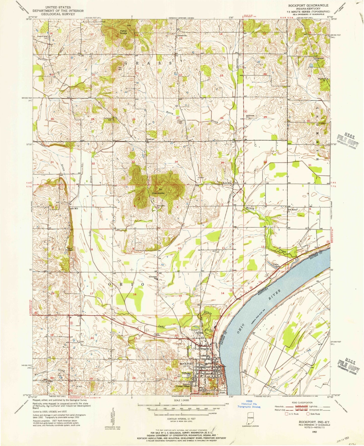 Classic USGS Rockport Indiana 7.5'x7.5' Topo Map Image