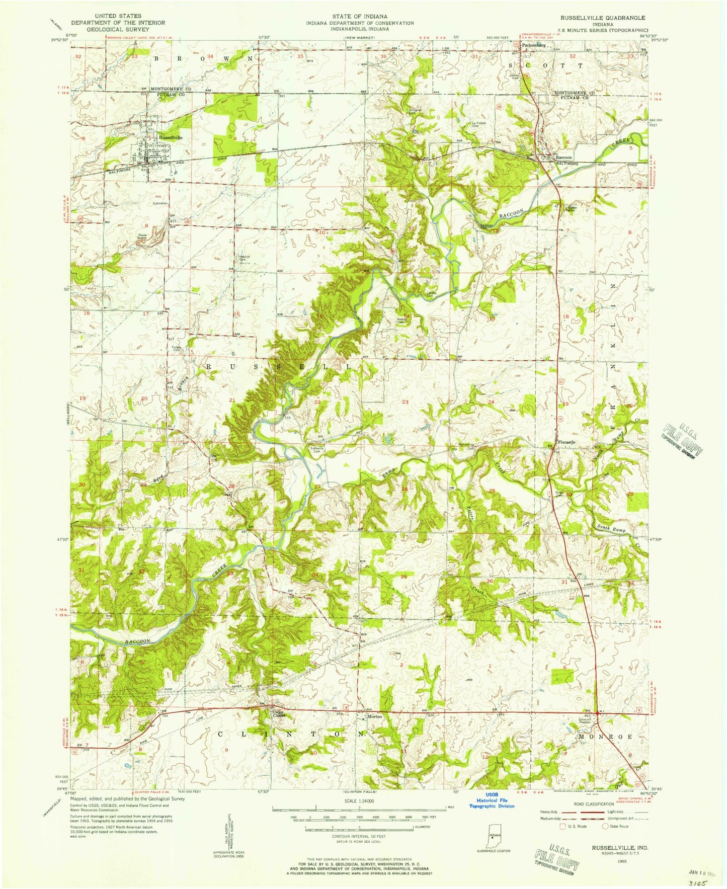 Classic USGS Russellville Indiana 7.5'x7.5' Topo Map Image