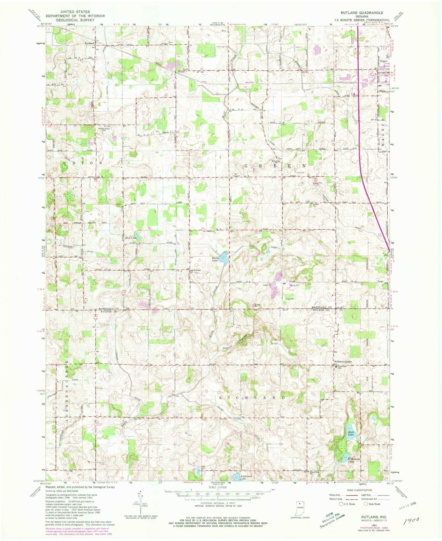 Classic USGS Rutland Indiana 7.5'x7.5' Topo Map Image