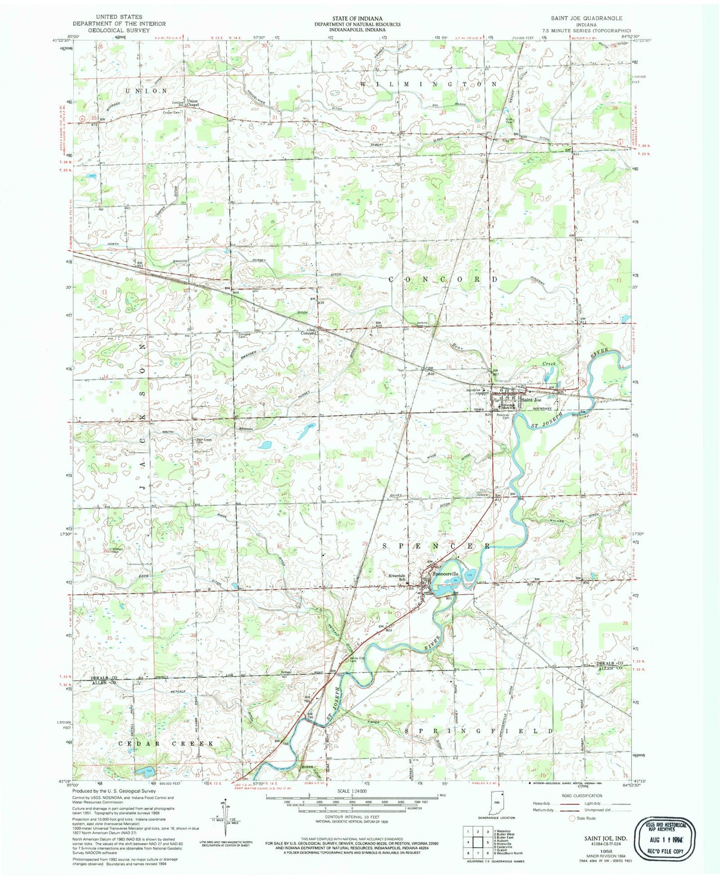 Classic USGS Saint Joe Indiana 7.5'x7.5' Topo Map Image