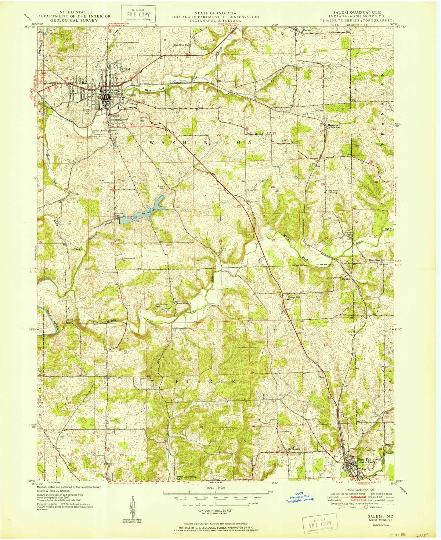 Classic USGS Salem Indiana 7.5'x7.5' Topo Map Image