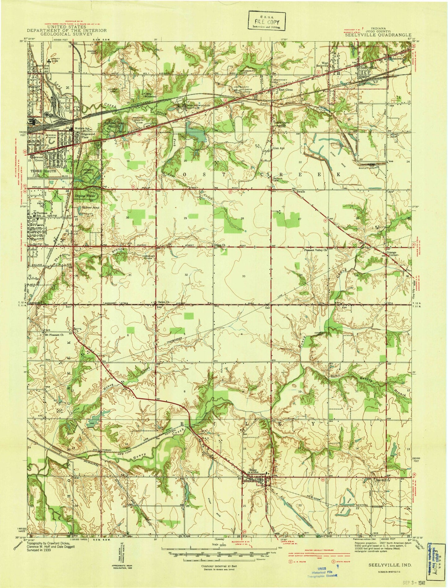 Classic USGS Seelyville Indiana 7.5'x7.5' Topo Map Image