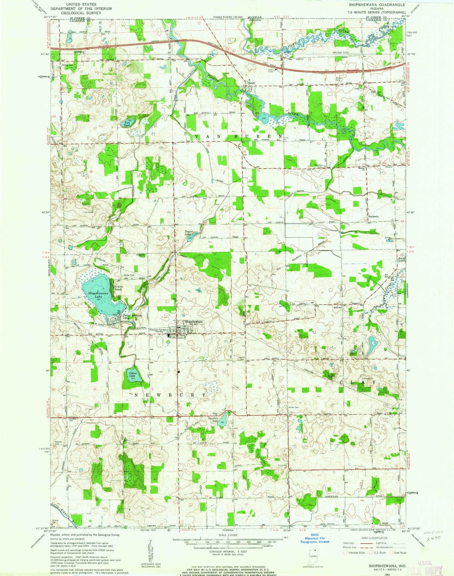 Classic USGS Shipshewana Indiana 7.5'x7.5' Topo Map Image