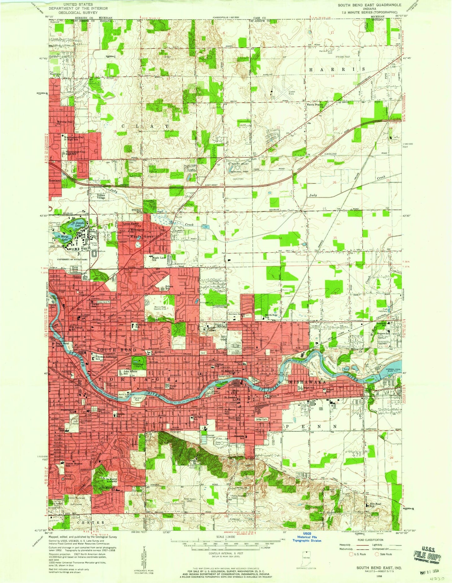 Classic USGS South Bend East Indiana 7.5'x7.5' Topo Map Image