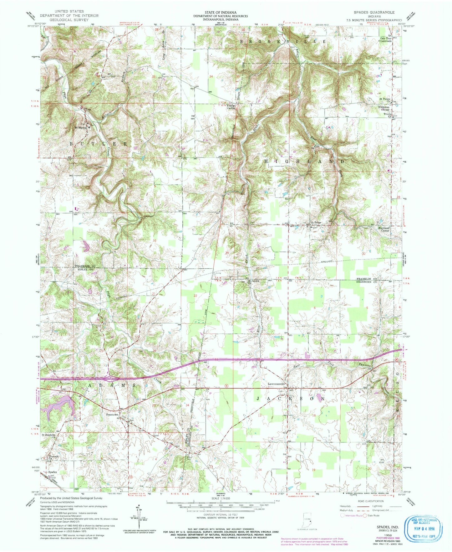 Classic USGS Spades Indiana 7.5'x7.5' Topo Map Image