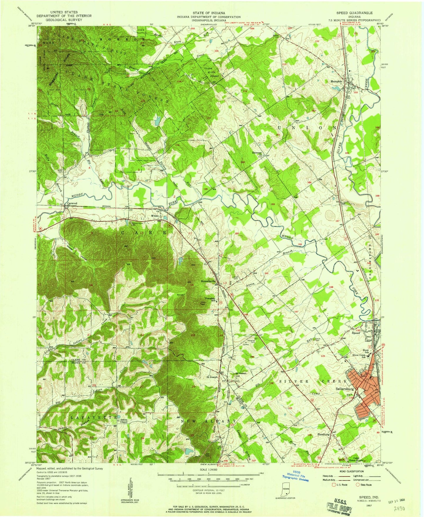 Classic USGS Speed Indiana 7.5'x7.5' Topo Map Image