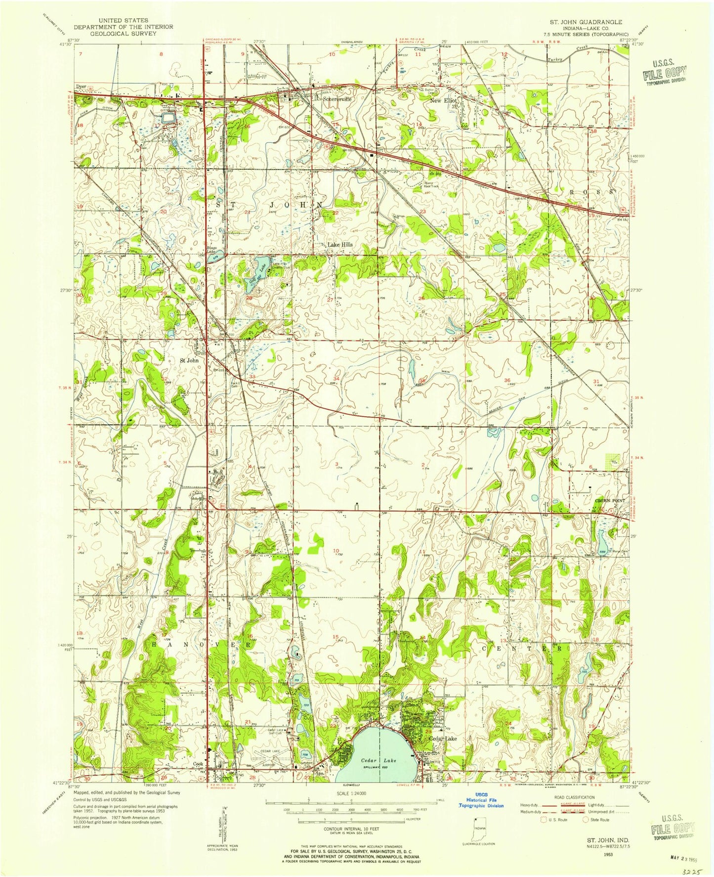 Classic USGS Saint John Indiana 7.5'x7.5' Topo Map Image