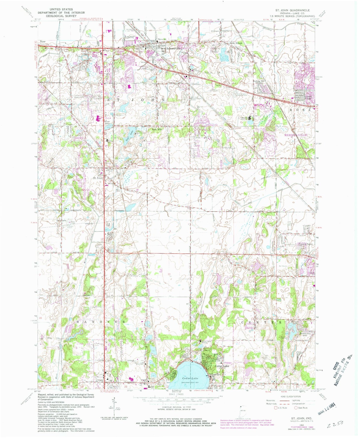 Classic USGS Saint John Indiana 7.5'x7.5' Topo Map Image