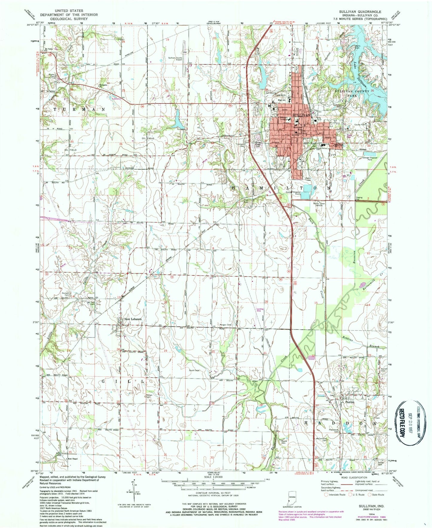 Classic USGS Sullivan Indiana 7.5'x7.5' Topo Map Image