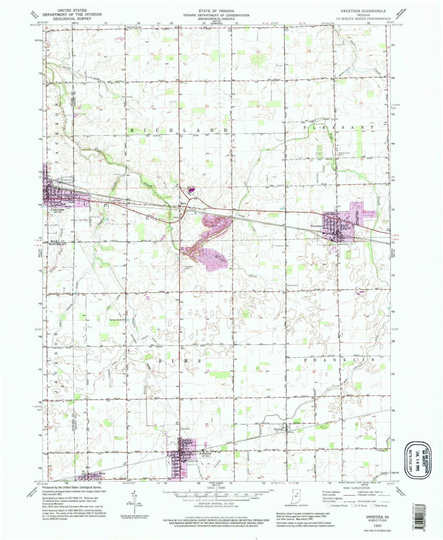 Classic USGS Sweetser Indiana 7.5'x7.5' Topo Map Image