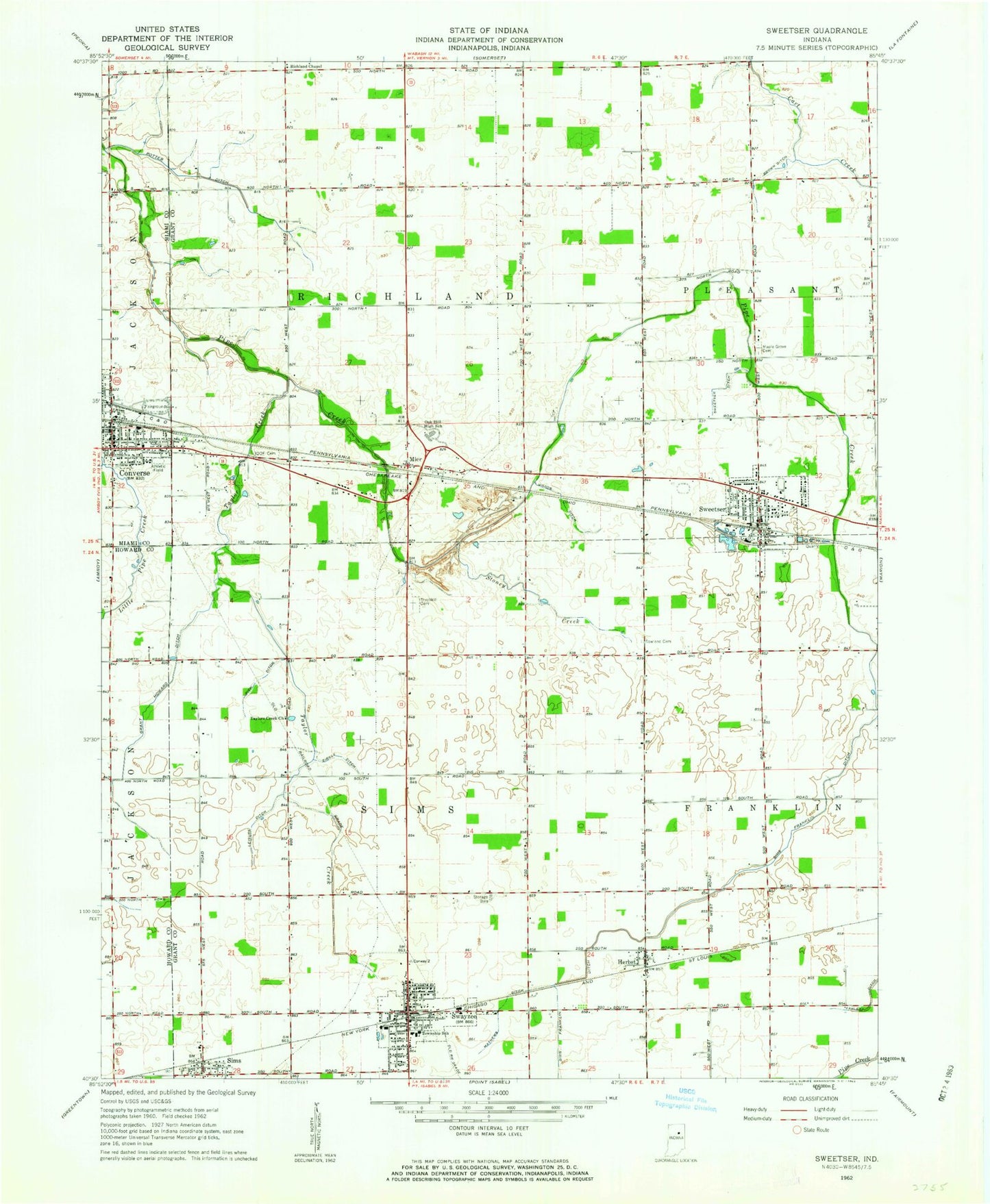 Classic USGS Sweetser Indiana 7.5'x7.5' Topo Map Image