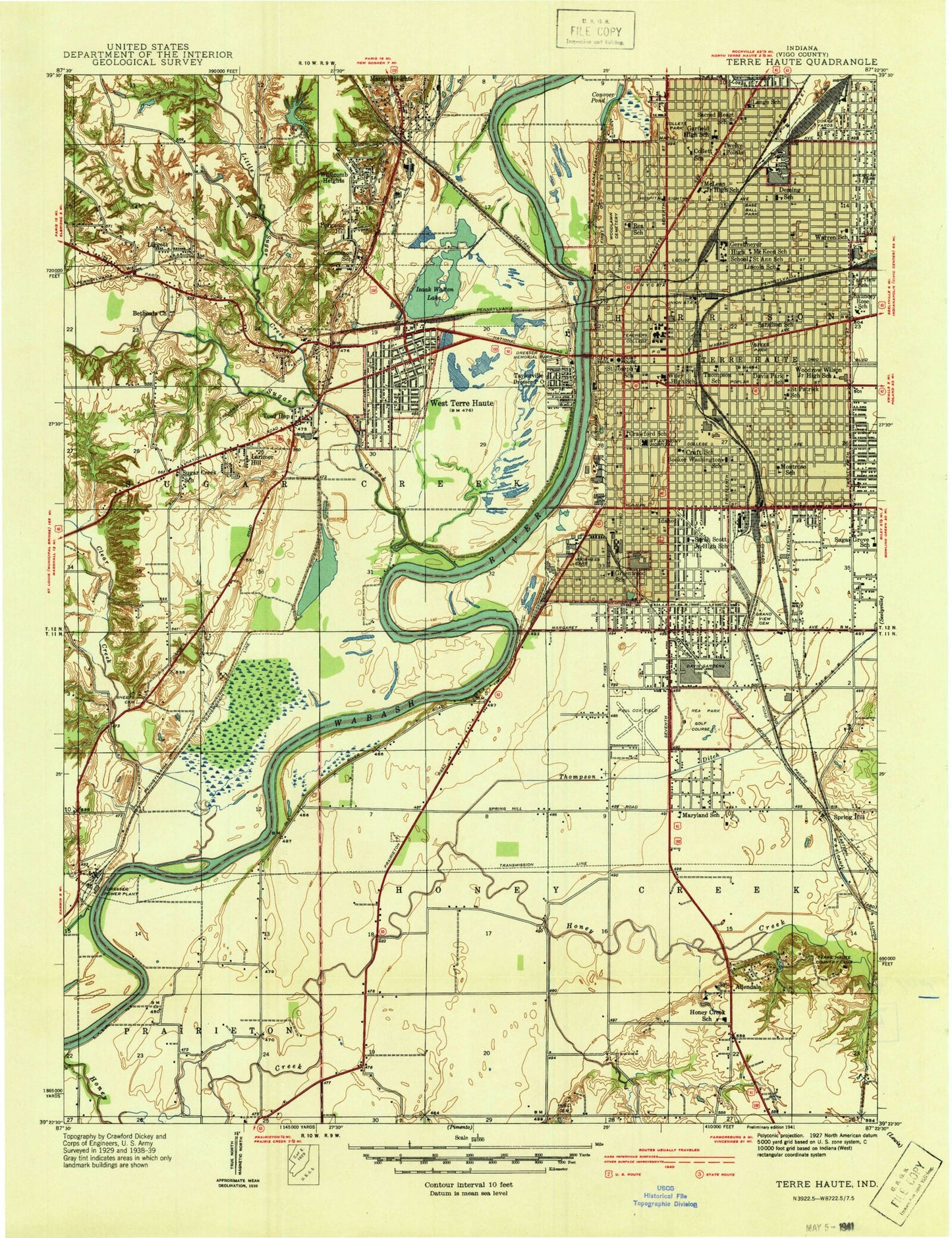 Classic USGS Terre Haute Indiana 7.5'x7.5' Topo Map Image