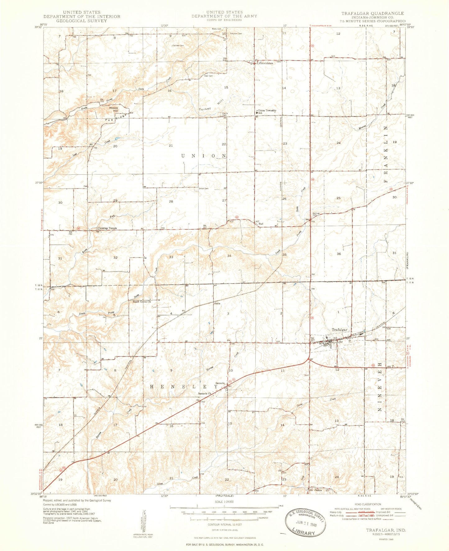 Classic USGS Trafalgar Indiana 7.5'x7.5' Topo Map Image
