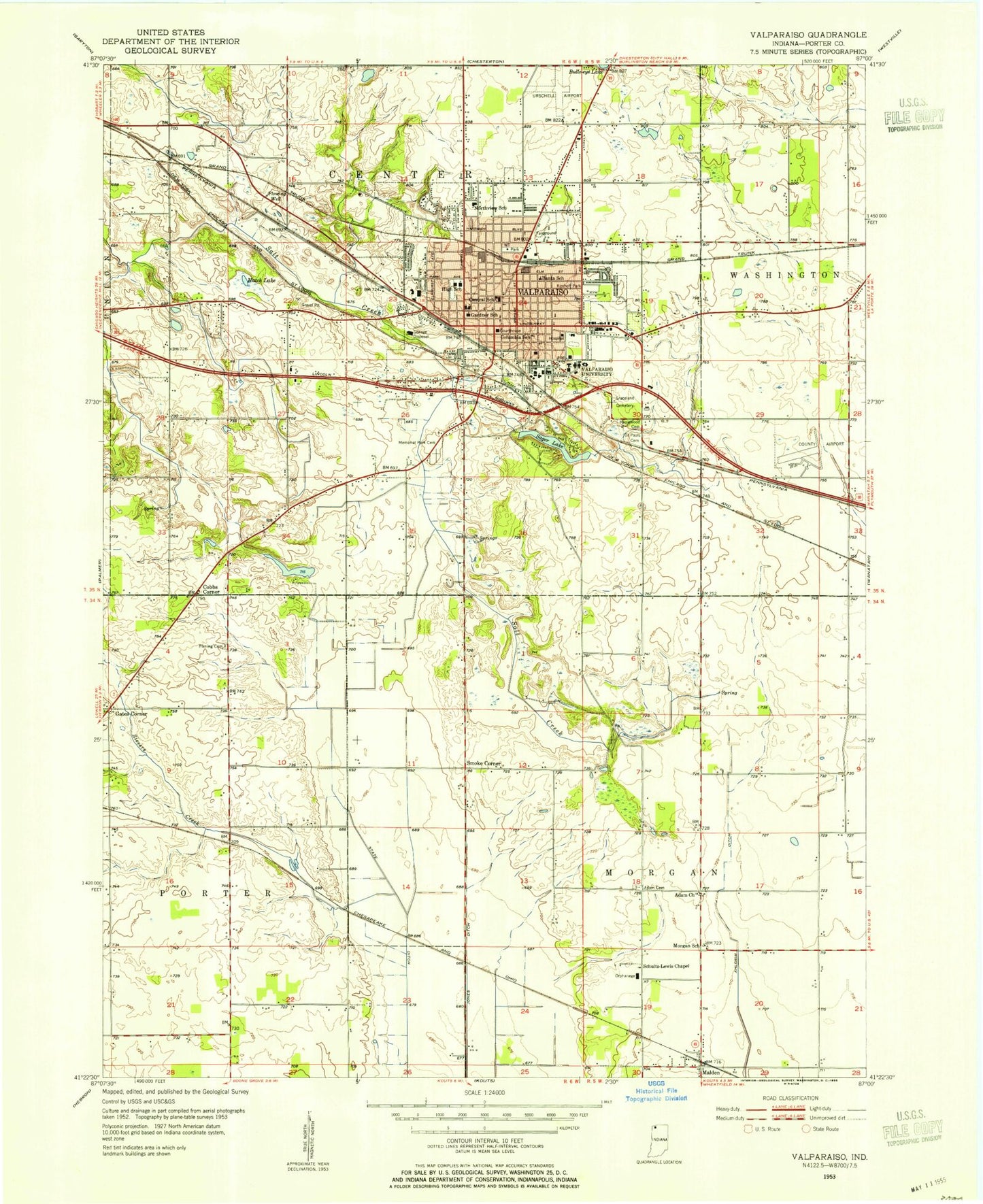 Classic USGS Valparaiso Indiana 7.5'x7.5' Topo Map Image