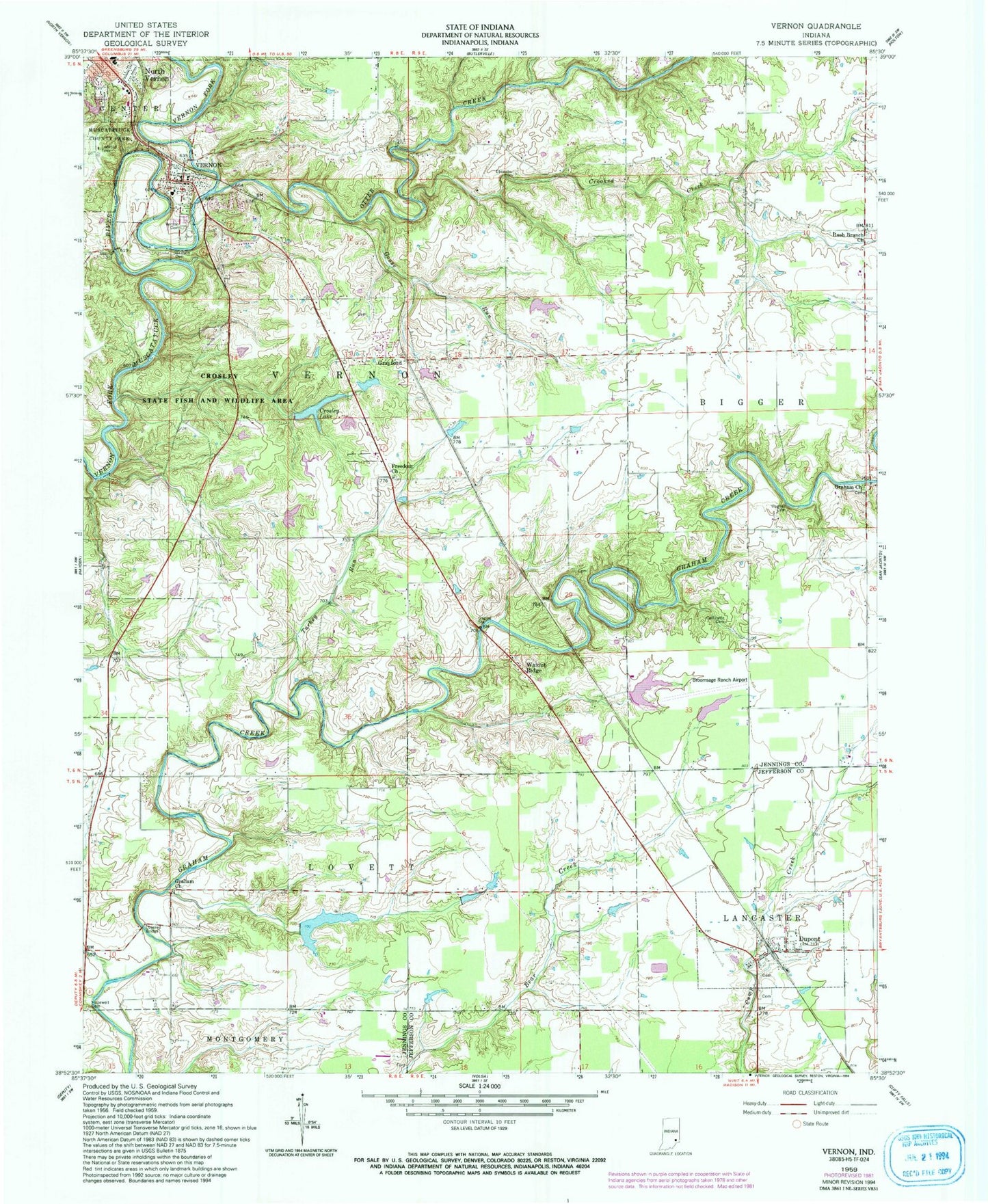 Classic USGS Vernon Indiana 7.5'x7.5' Topo Map Image