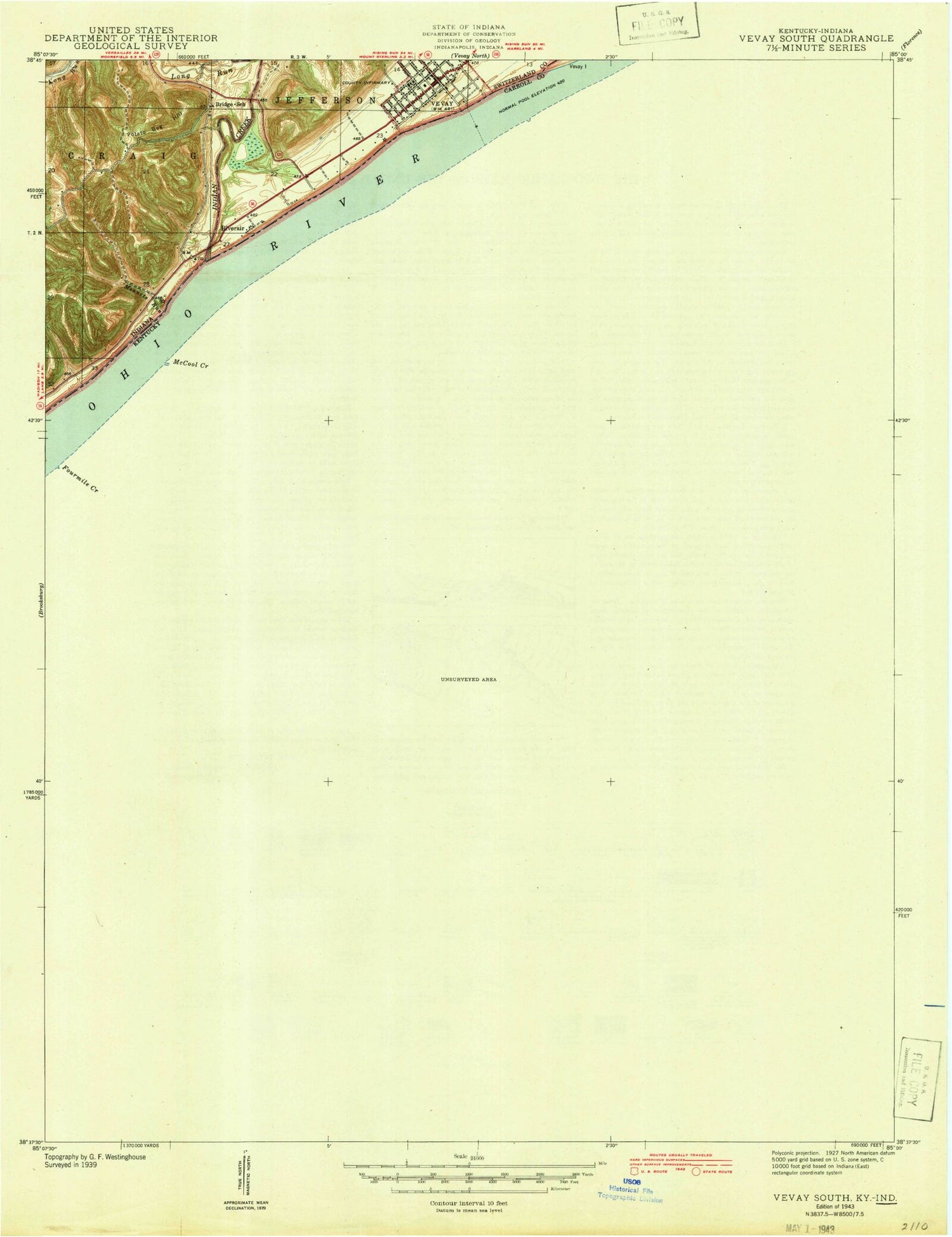 Classic USGS Vevay South Indiana 7.5'x7.5' Topo Map Image