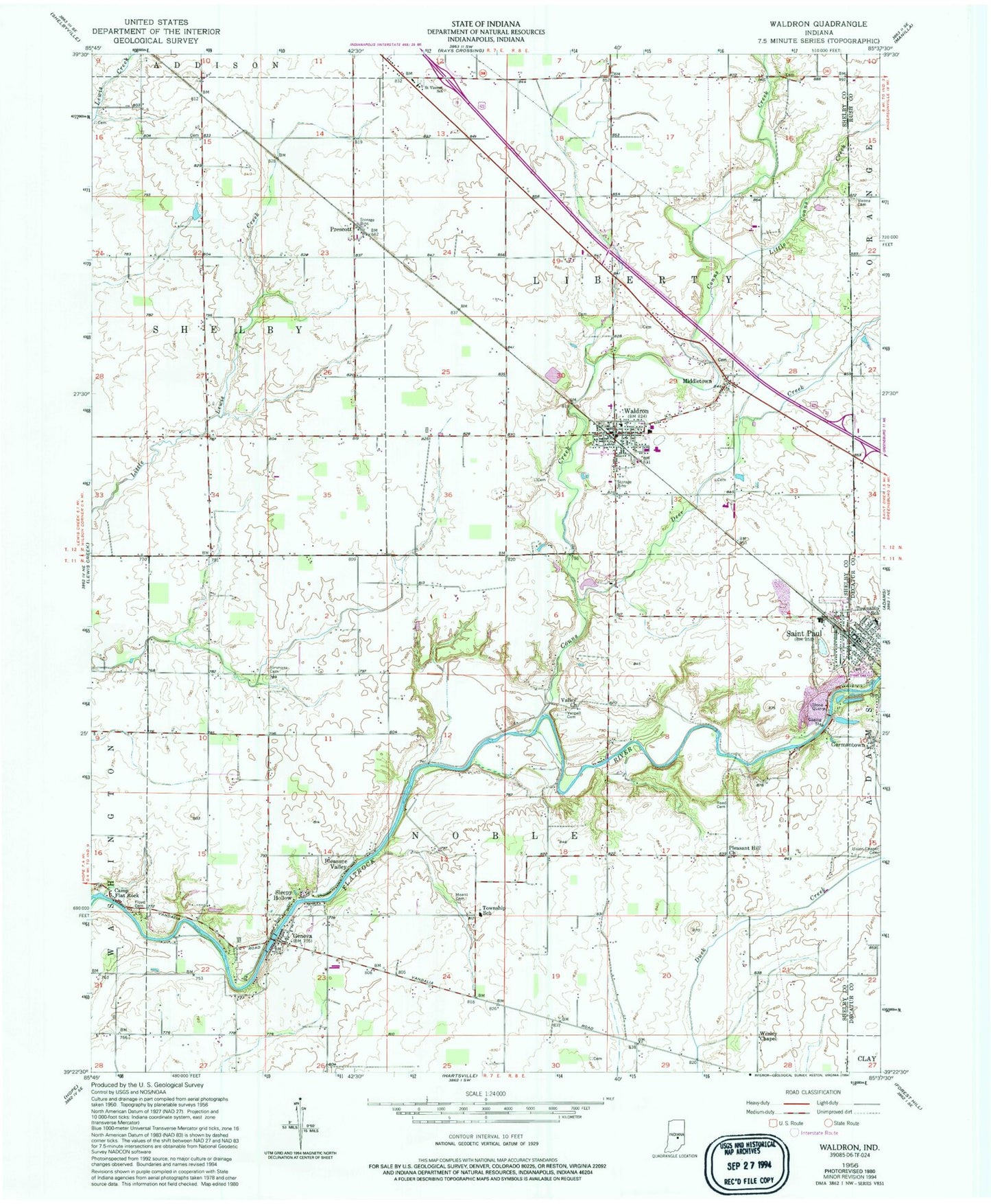 Classic USGS Waldron Indiana 7.5'x7.5' Topo Map Image