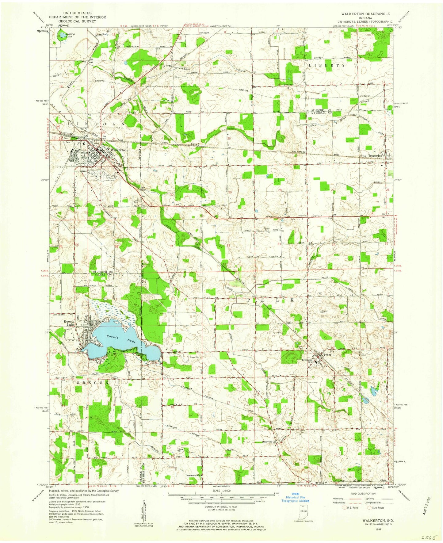 Classic USGS Walkerton Indiana 7.5'x7.5' Topo Map Image