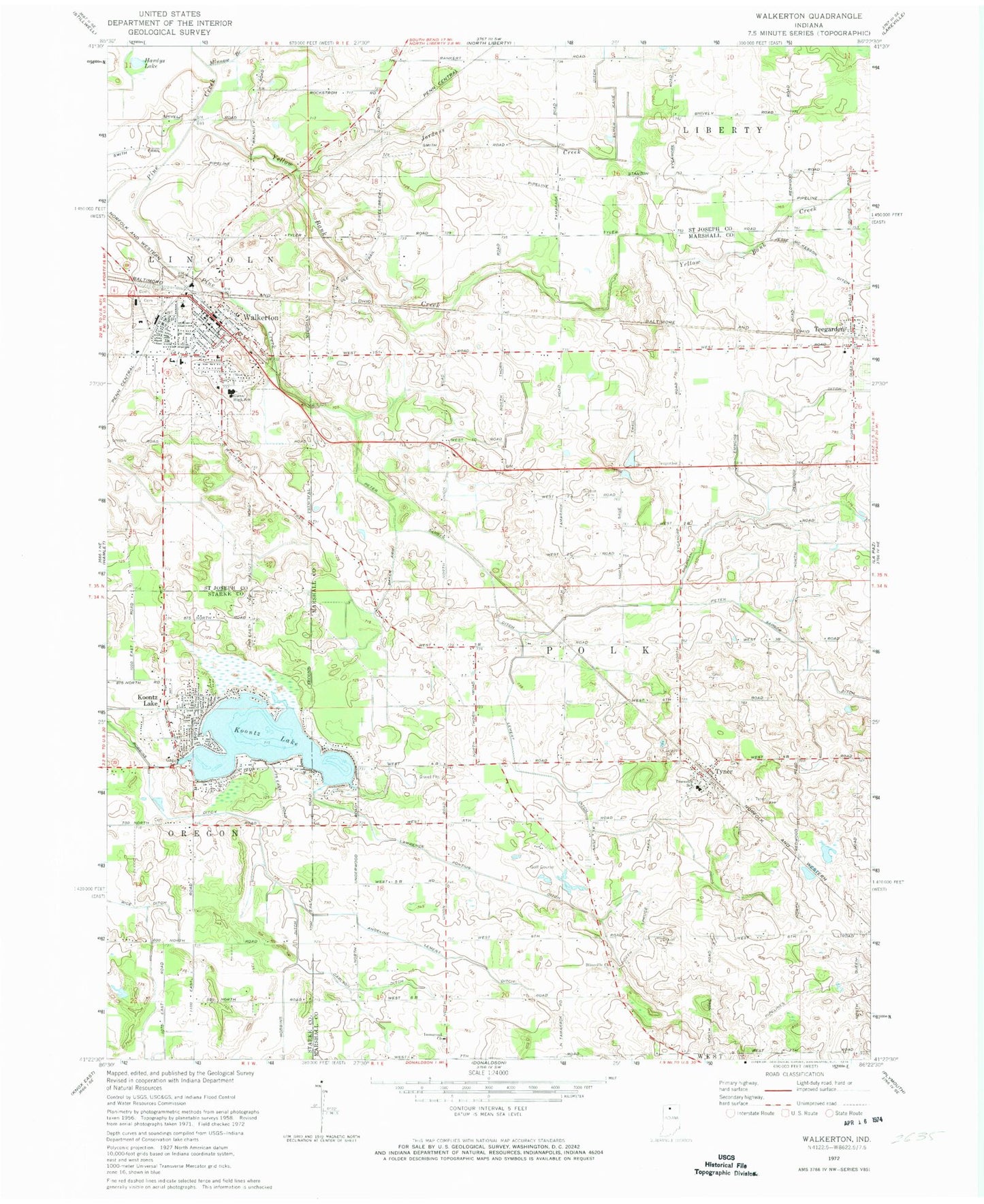Classic USGS Walkerton Indiana 7.5'x7.5' Topo Map Image