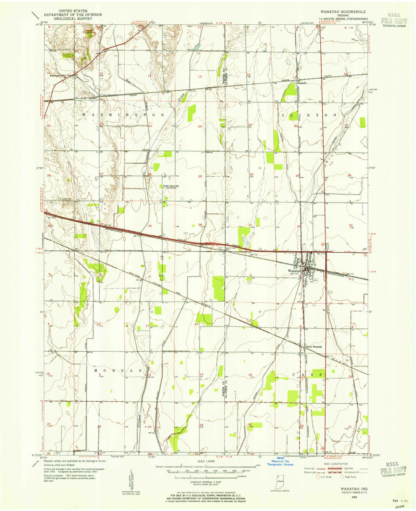 Classic USGS Wanatah Indiana 7.5'x7.5' Topo Map Image
