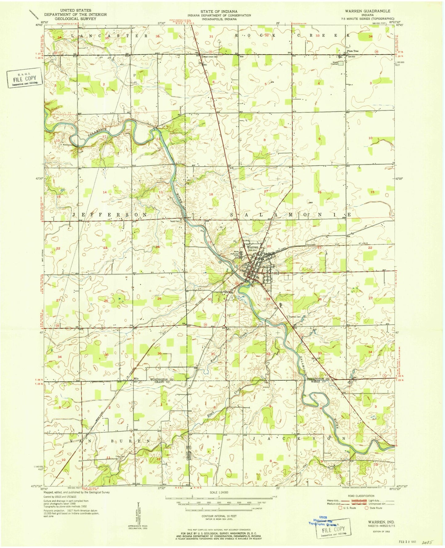 Classic USGS Warren Indiana 7.5'x7.5' Topo Map Image