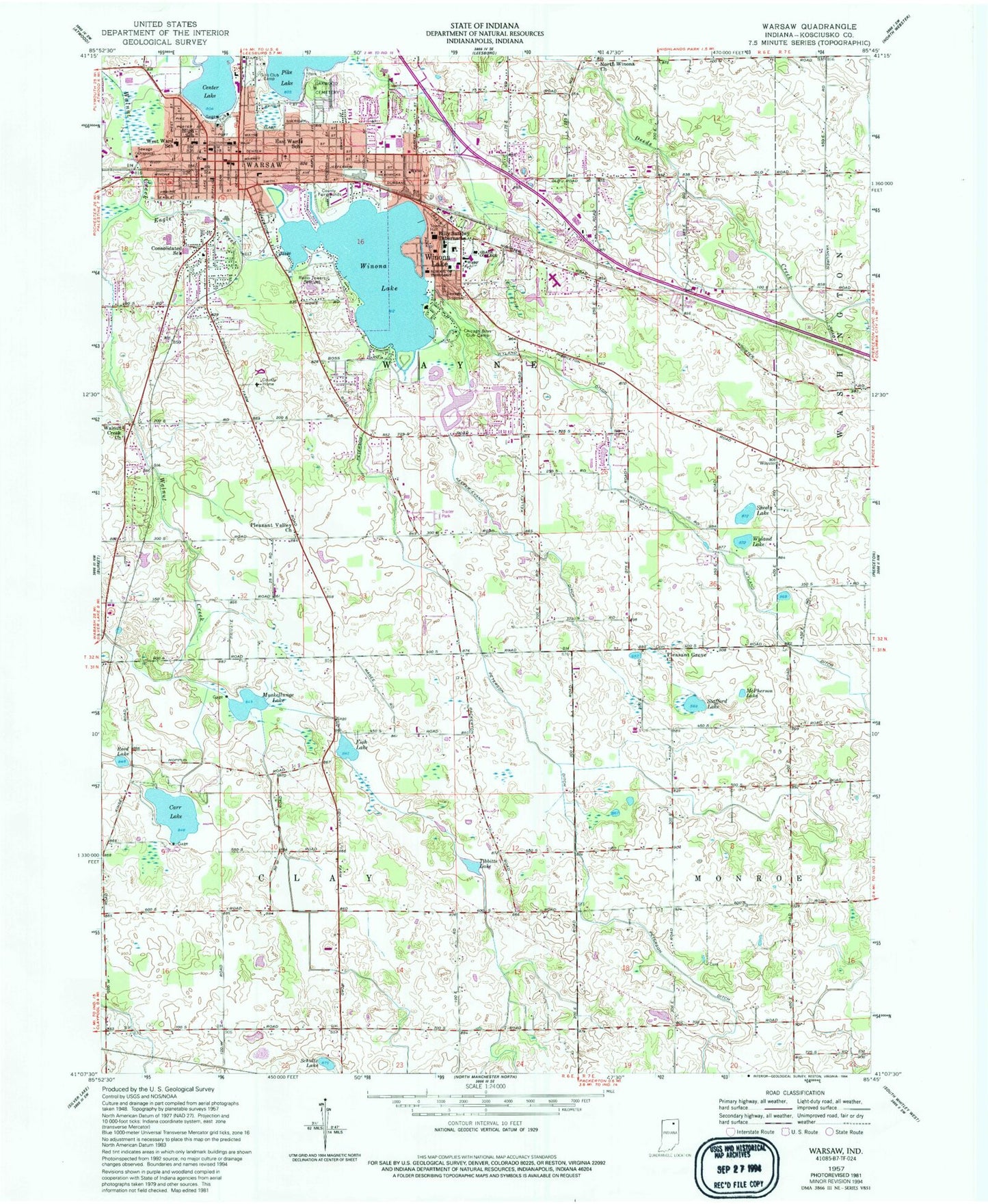 Classic USGS Warsaw Indiana 7.5'x7.5' Topo Map Image