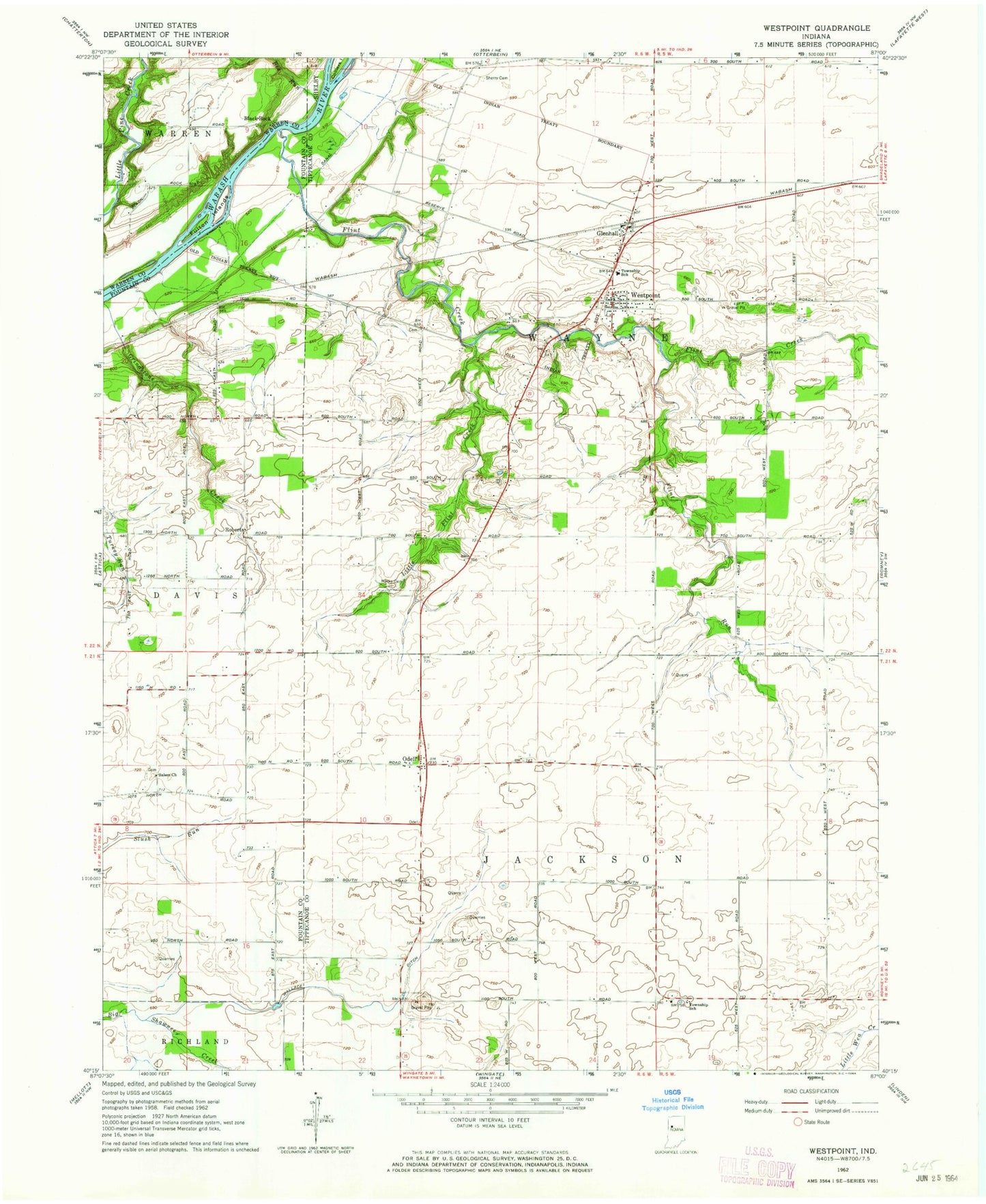Classic USGS Westpoint Indiana 7.5'x7.5' Topo Map Image